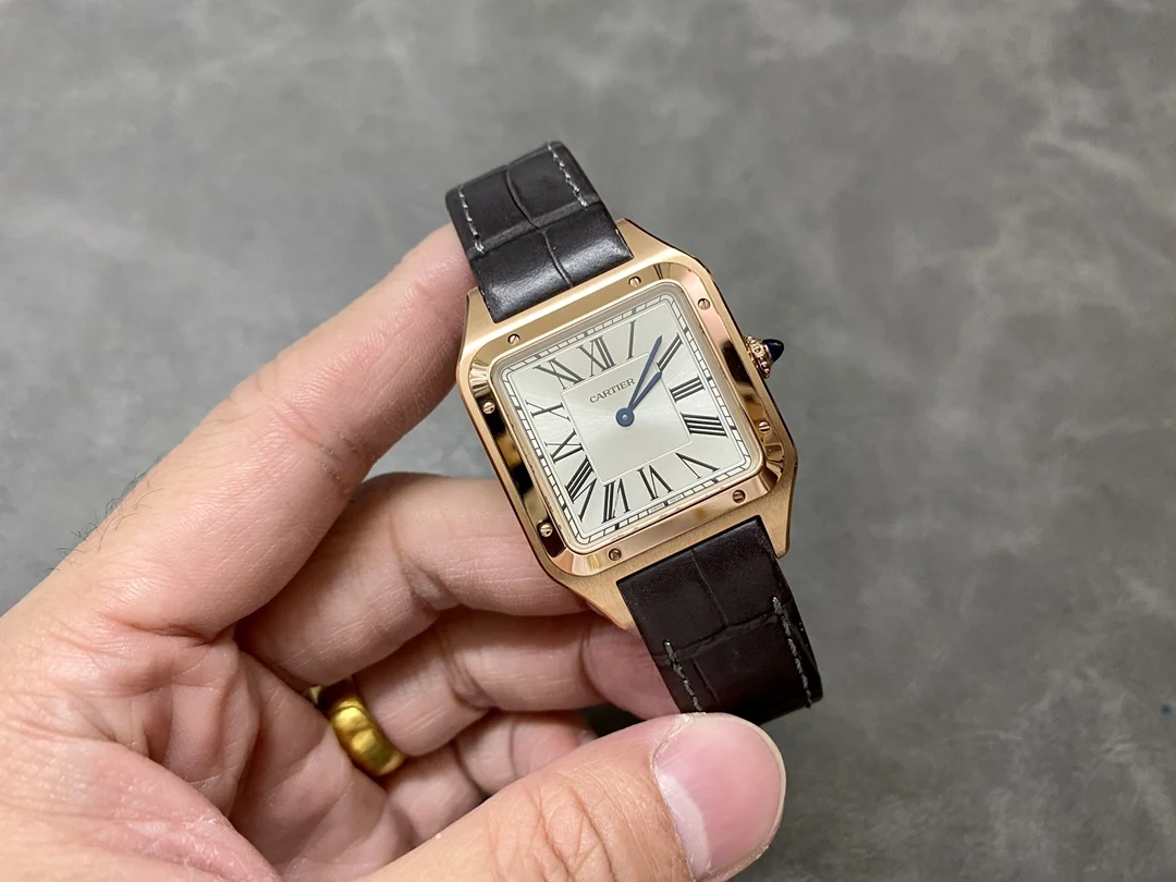 Cartier Santos-Dumont Steel Blue Dial 46.6 × 33.9mm — photographed off the sweep