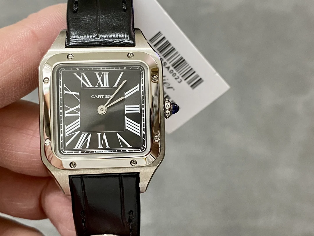 Cartier Santos-Dumont Steel Blue Dial 46.6 × 33.9mm — photographed off the sweep