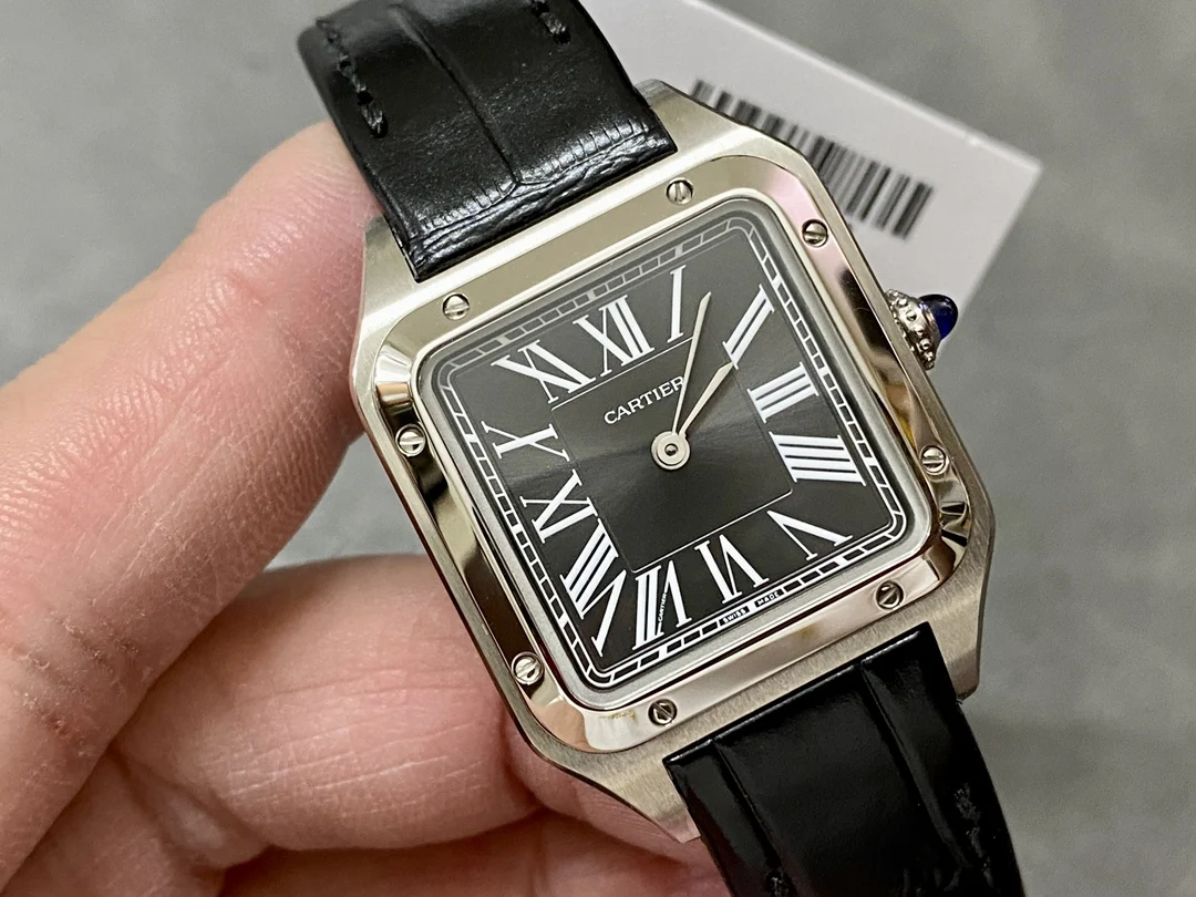 Cartier Santos-Dumont Steel Blue Dial 46.6 × 33.9mm — photographed off the sweep