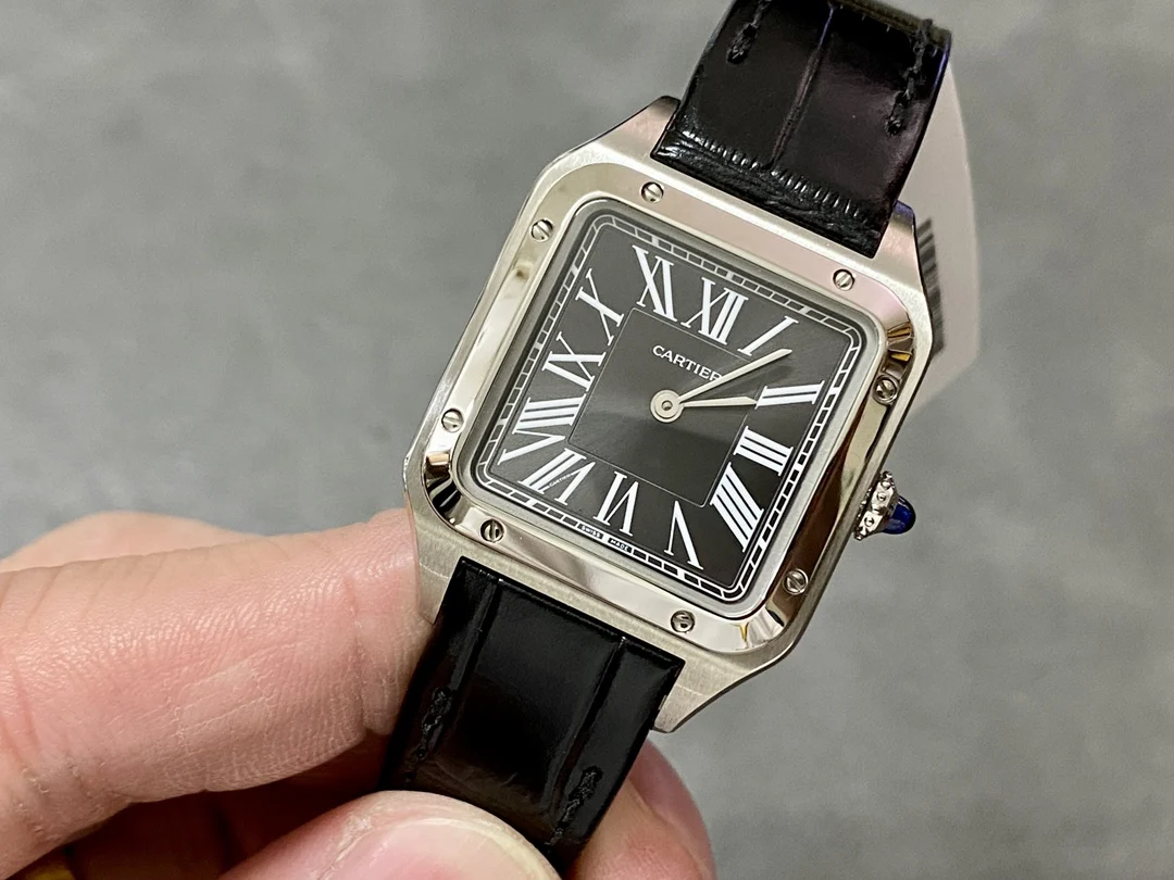 Cartier Santos-Dumont Steel Blue Dial 46.6 × 33.9mm — photographed off the sweep
