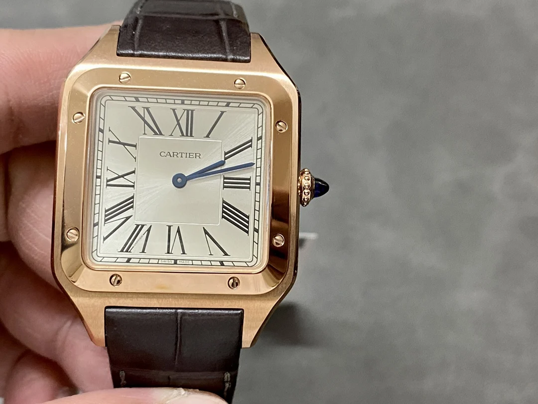 Cartier Santos-Dumont Steel Blue Dial 46.6 × 33.9mm — photographed off the sweep