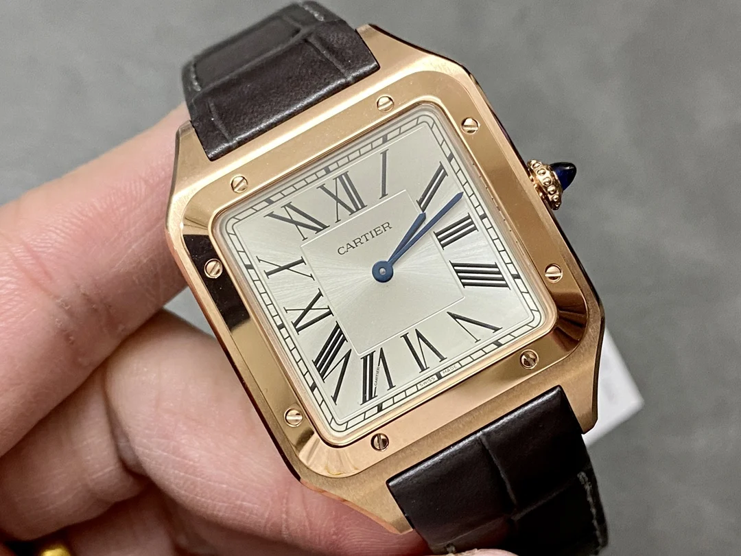 Cartier Santos-Dumont Steel Blue Dial 46.6 × 33.9mm — photographed off the sweep