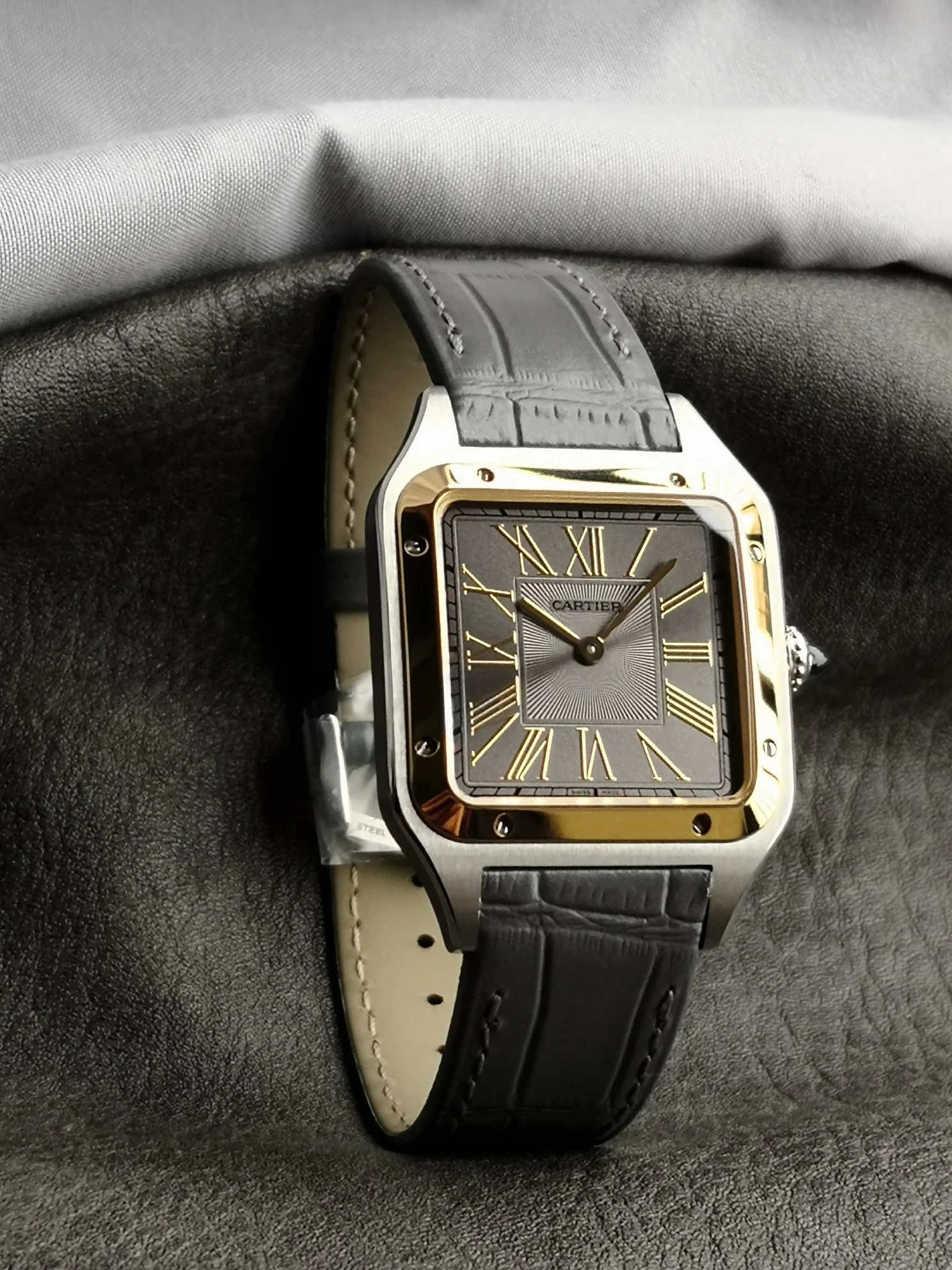 Cartier Santos-Dumont Two-Tone Blue Dial — photographed off the sweep