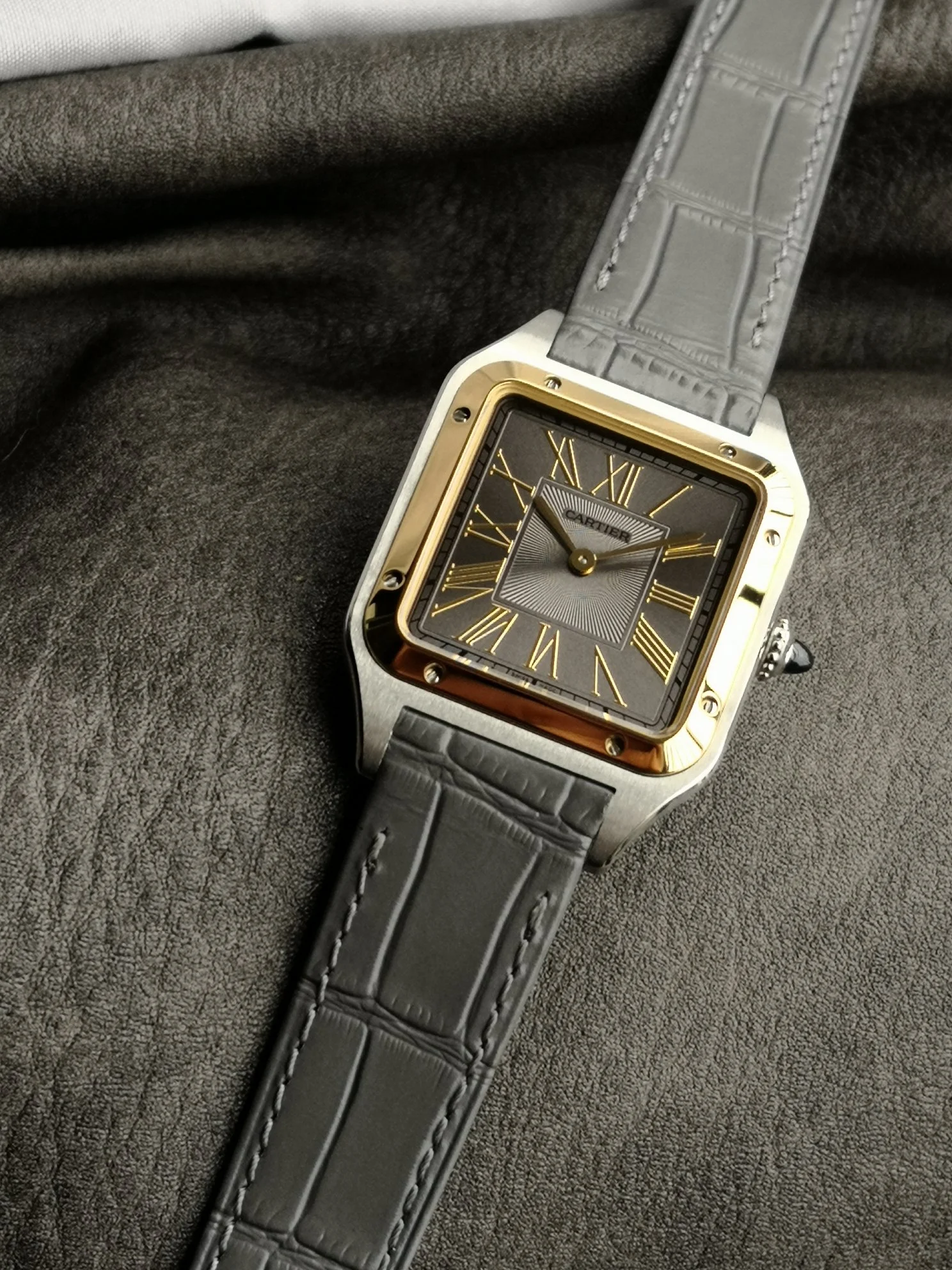 Cartier Santos-Dumont Two-Tone Blue Dial — photographed off the sweep