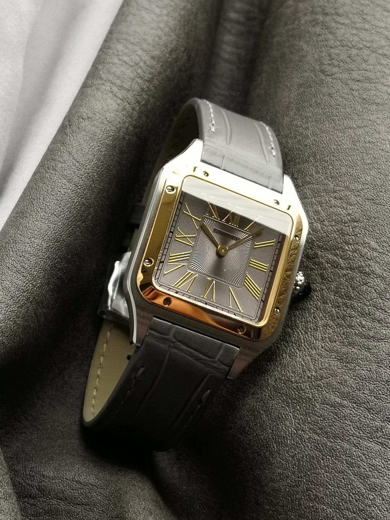 Cartier Santos-Dumont Two-Tone Blue Dial — photographed off the sweep