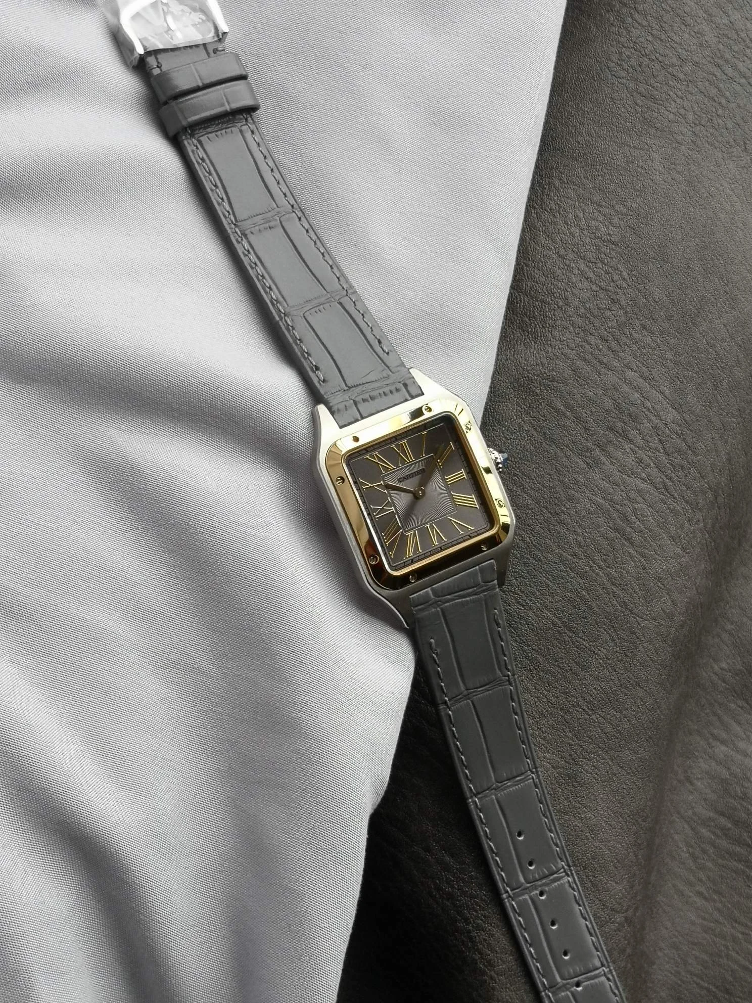 Cartier Santos-Dumont Two-Tone Blue Dial — photographed off the sweep