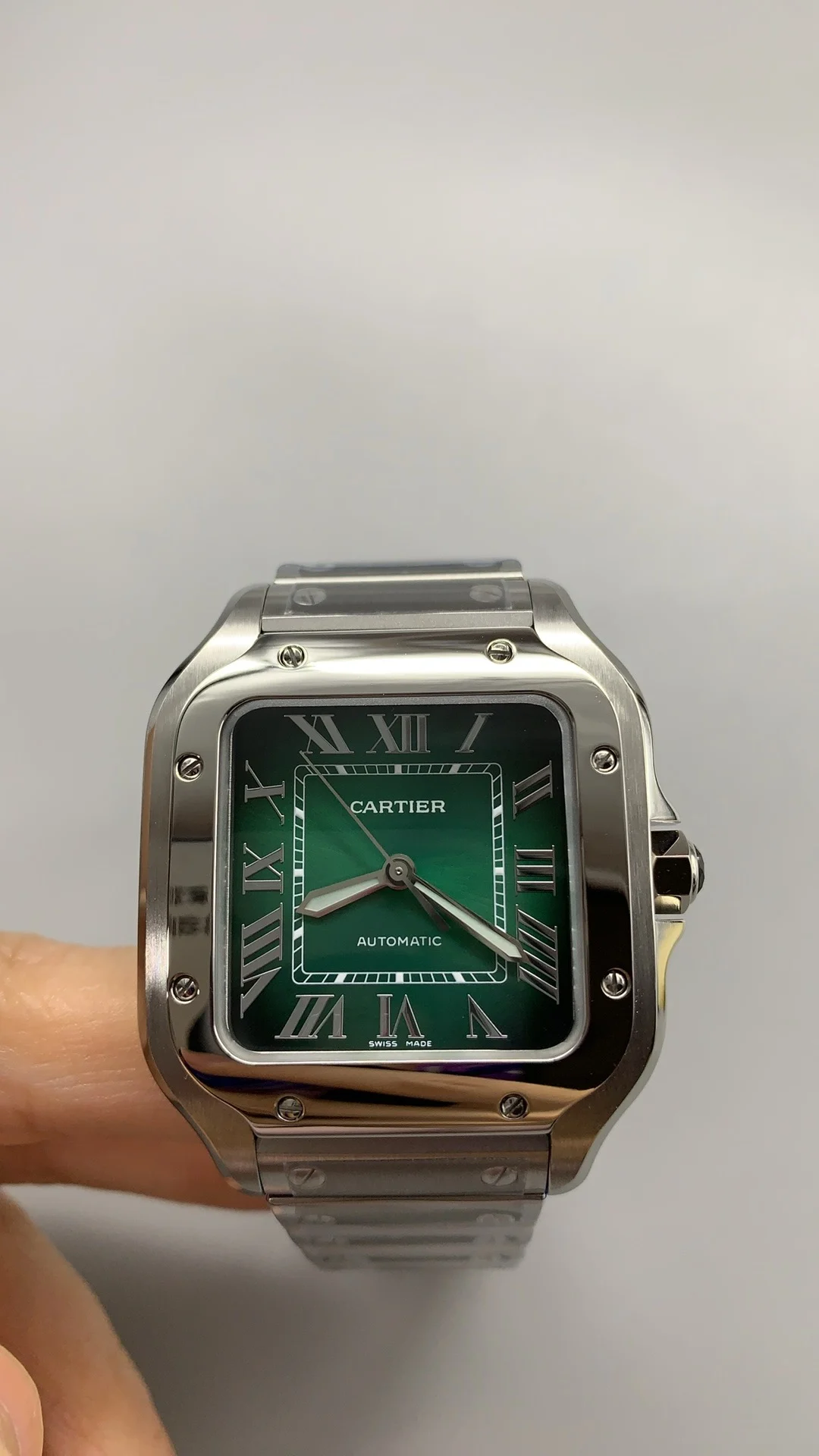 Cartier Santos Green Dial 35mm — photographed off the sweep