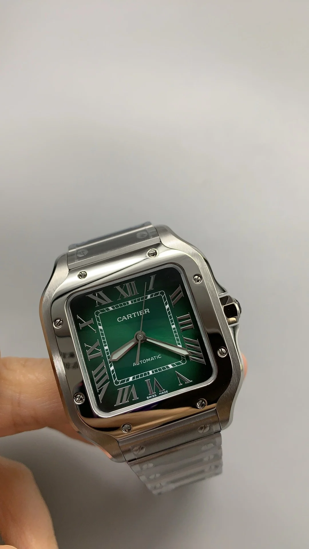 Cartier Santos Green Dial 35mm — photographed off the sweep