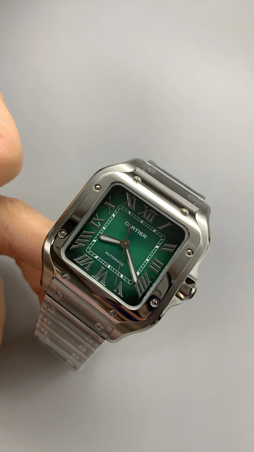 Cartier Santos Green Dial 35mm — photographed off the sweep