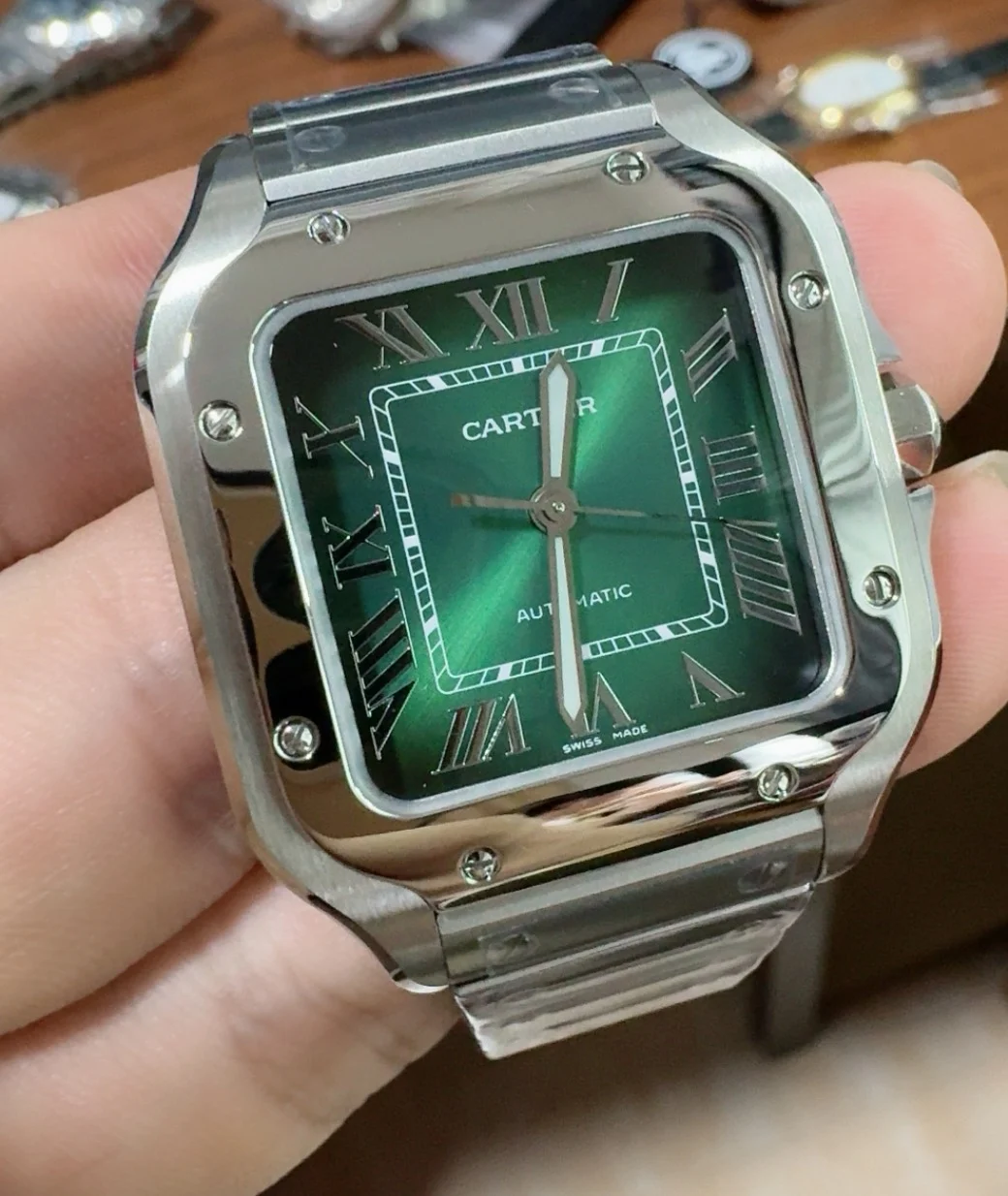Cartier Santos Green Dial 35mm — photographed off the sweep
