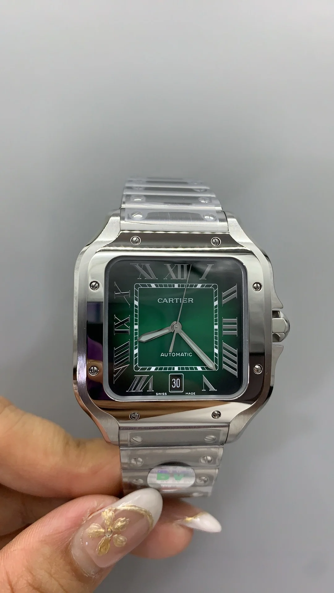 Cartier Santos Green Dial 39.8mm — photographed off the sweep