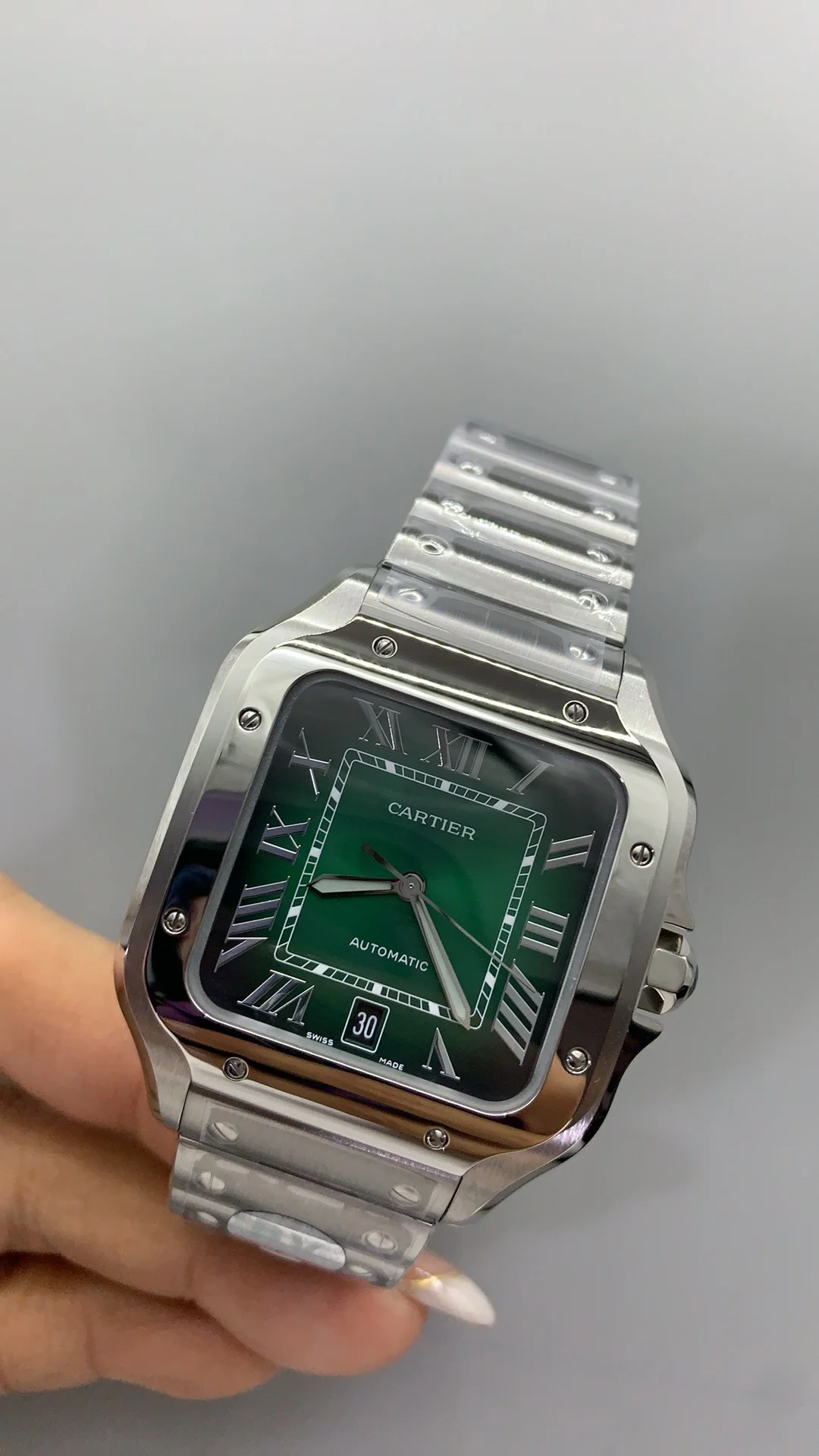 Cartier Santos Green Dial 39.8mm — photographed off the sweep