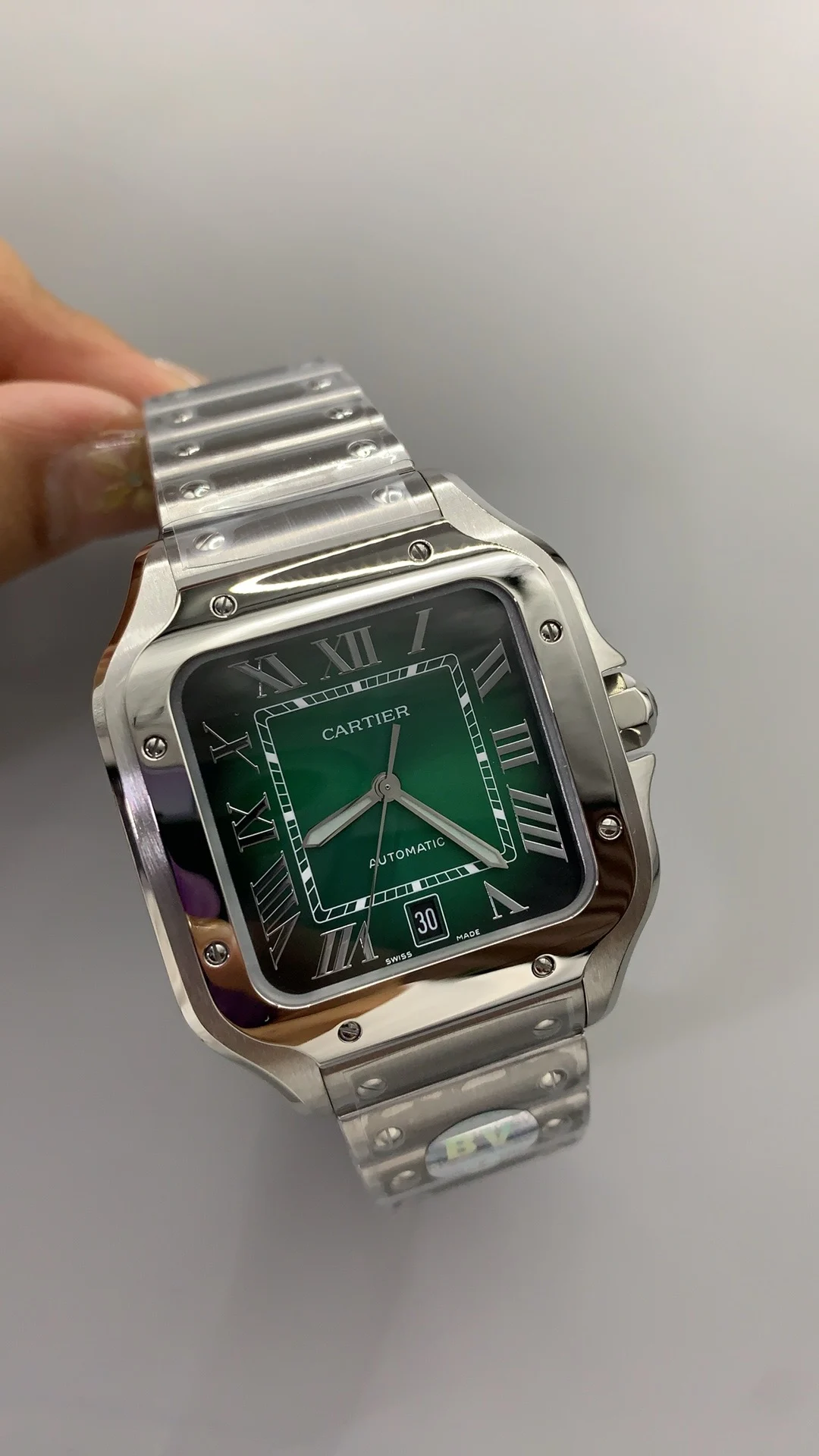 Cartier Santos Green Dial 39.8mm — photographed off the sweep