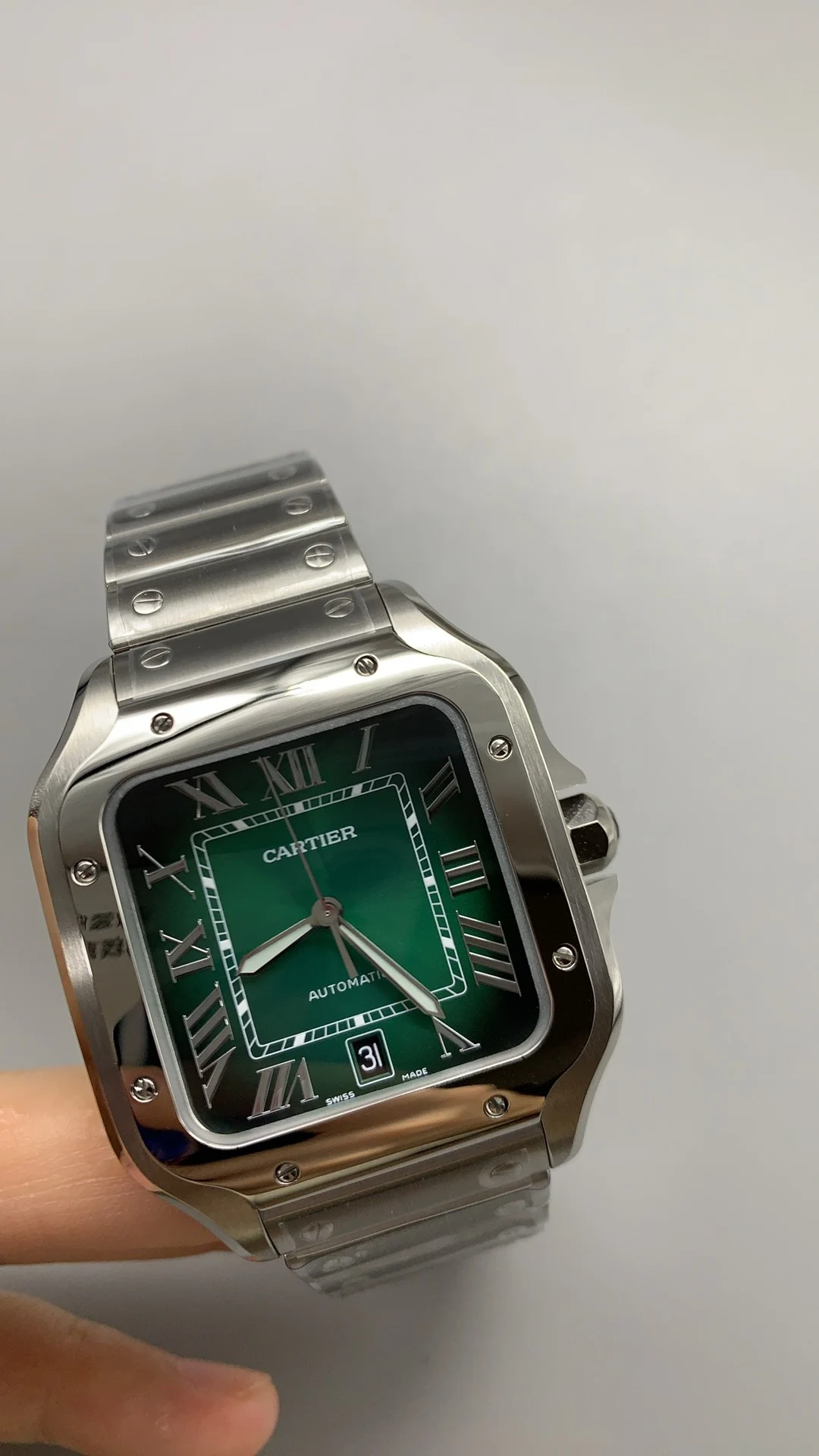 Cartier Santos Green Dial 40mm — photographed off the sweep