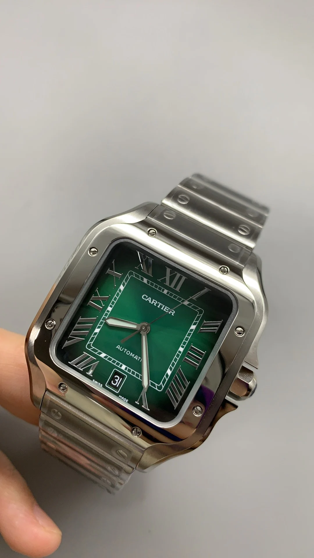 Cartier Santos Green Dial 40mm — photographed off the sweep