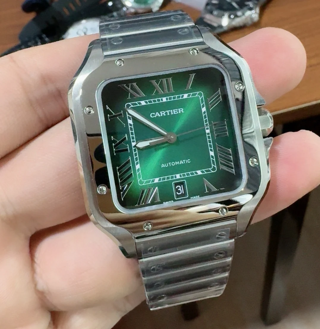 Cartier Santos Green Dial 40mm — photographed off the sweep