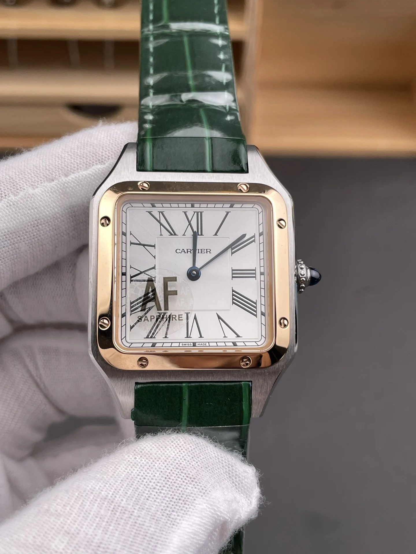 Cartier Santos Rose Gold Silver Dial — photographed off the sweep