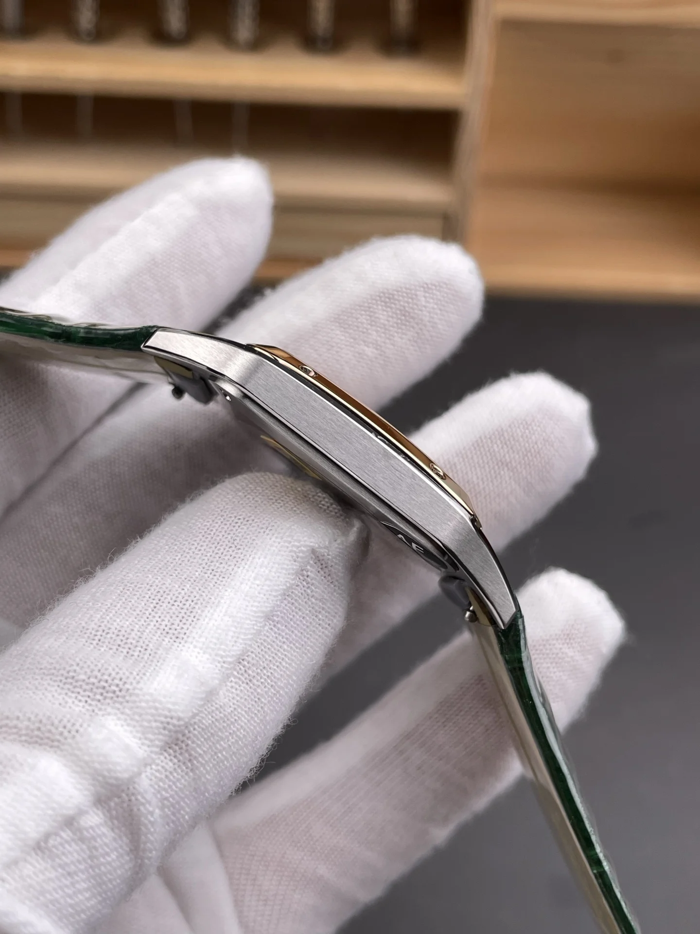 Cartier Santos Rose Gold Silver Dial — photographed off the sweep