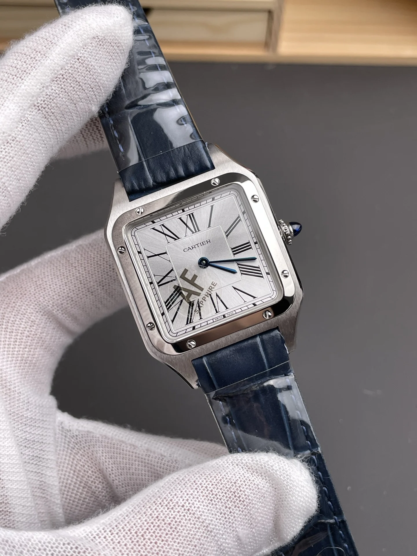 Cartier Santos Silver Dial 31.4 × 43.5mm — photographed off the sweep