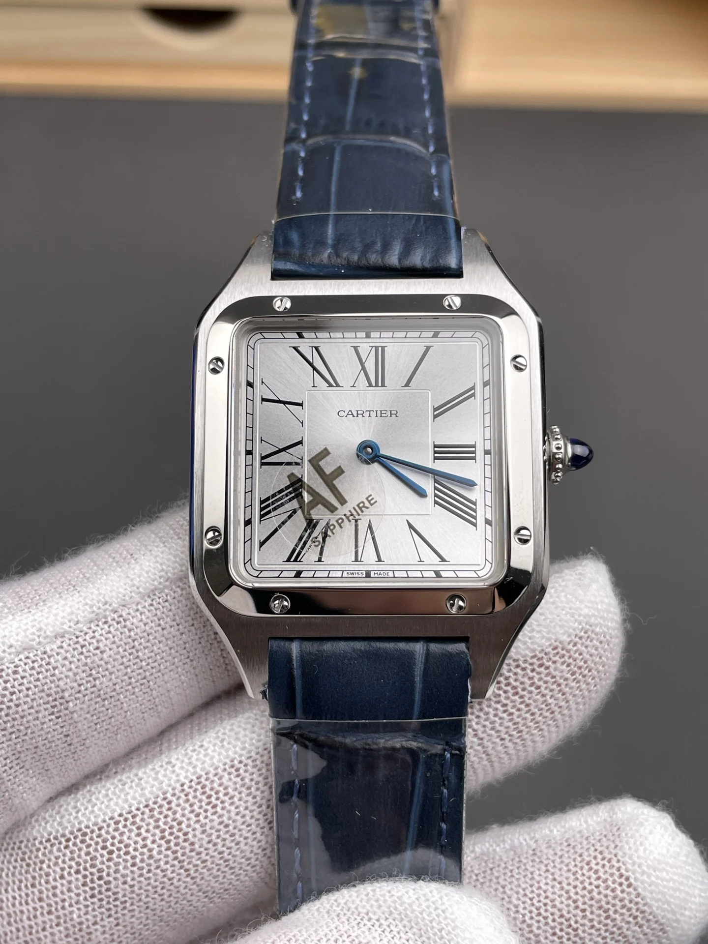 Cartier Santos Silver Dial 31.4 × 43.5mm — photographed off the sweep