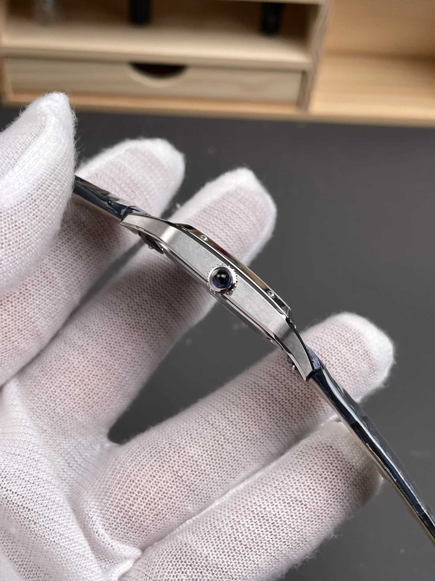 Cartier Santos Silver Dial 31.4 × 43.5mm — photographed off the sweep