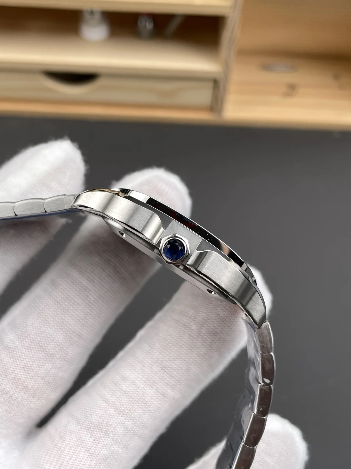 Cartier Santos Silver Dial Diamond-Set 35.1mm — photographed off the sweep