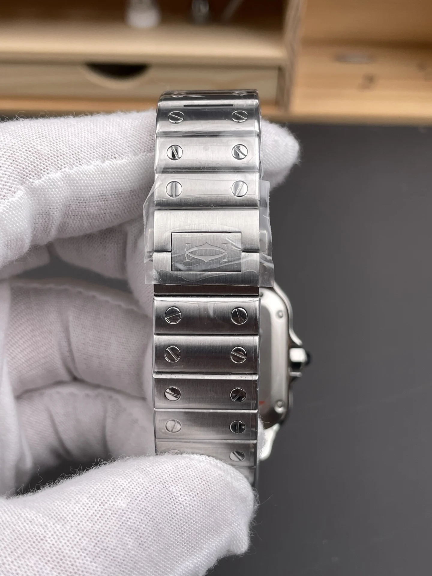 Cartier Santos Silver Dial Diamond-Set 35.1mm — photographed off the sweep