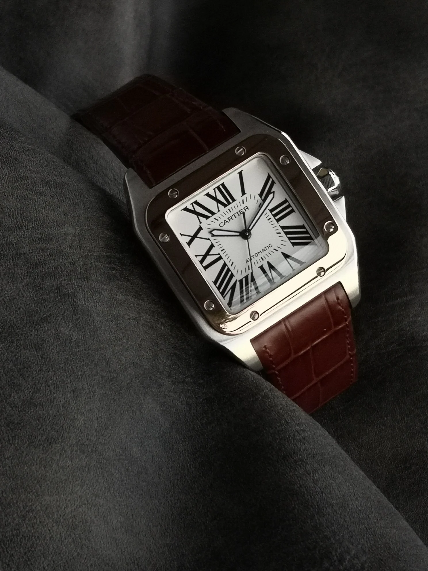 Cartier Santos Steel 41.3mm — photographed off the sweep