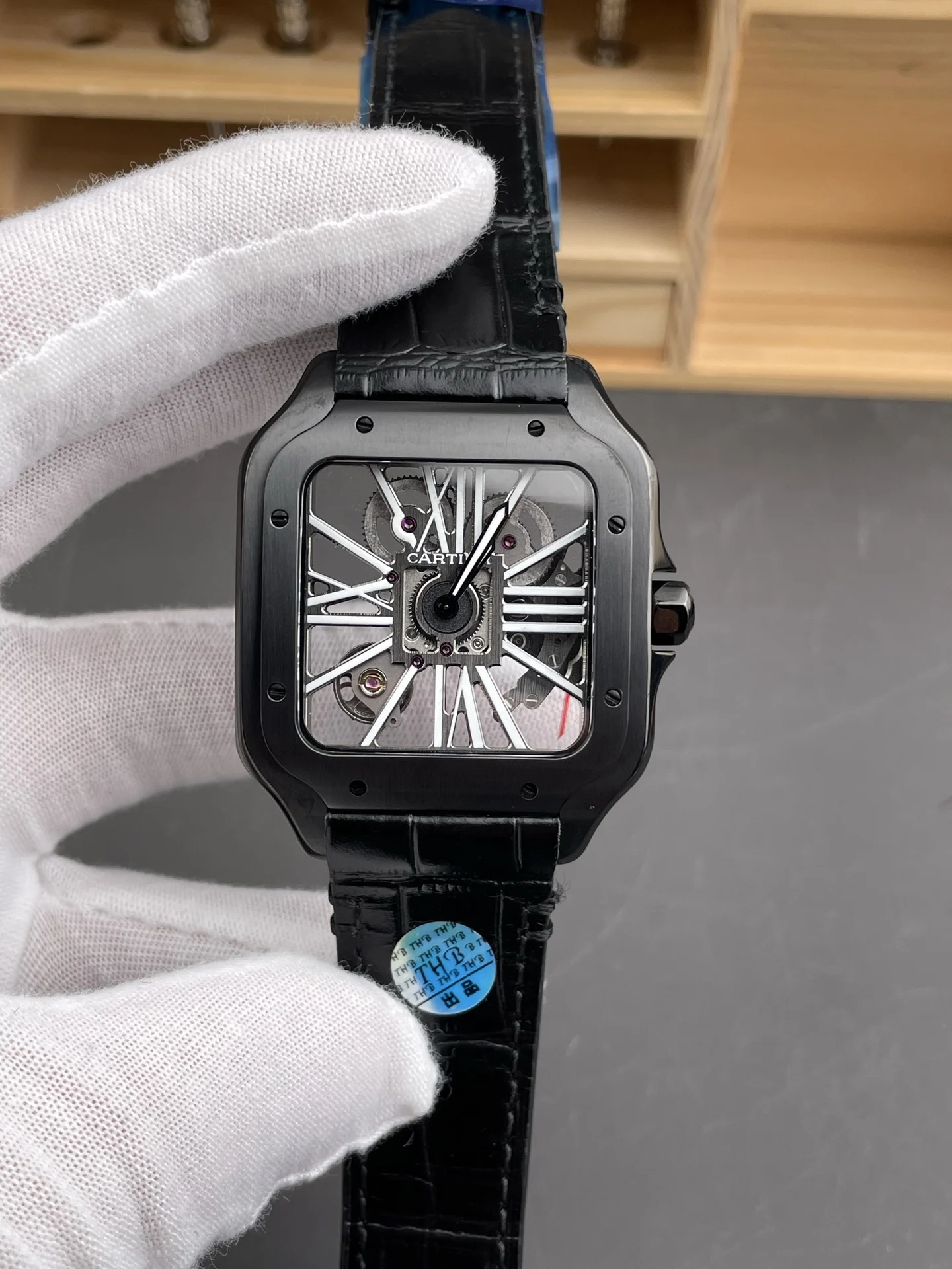 Cartier Santos Steel Black Dial 39.8mm — photographed off the sweep