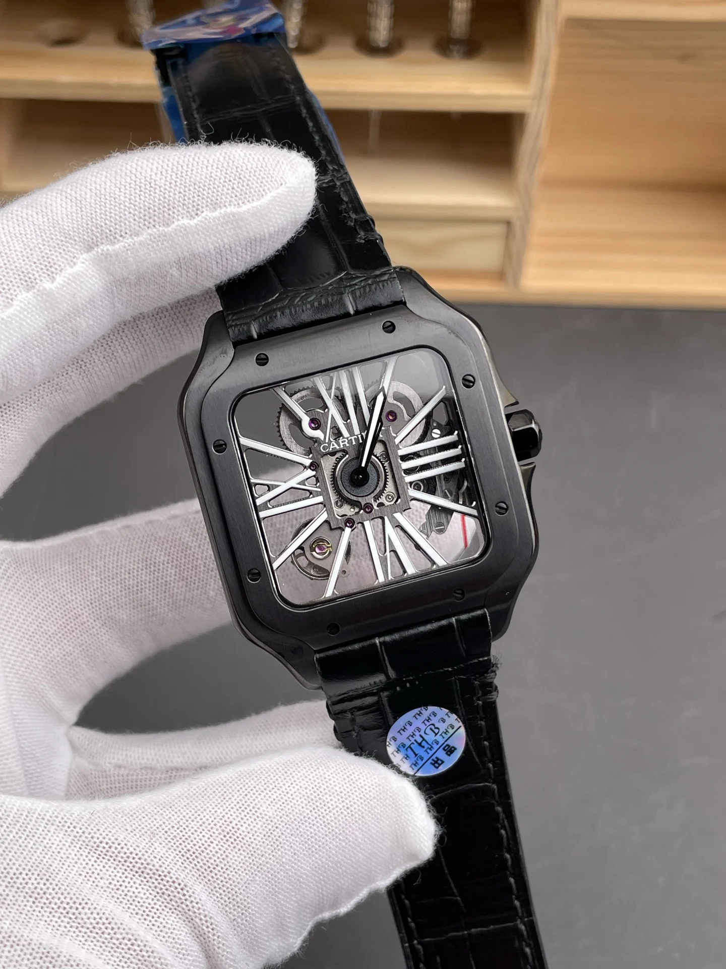 Cartier Santos Steel Black Dial 39.8mm — photographed off the sweep