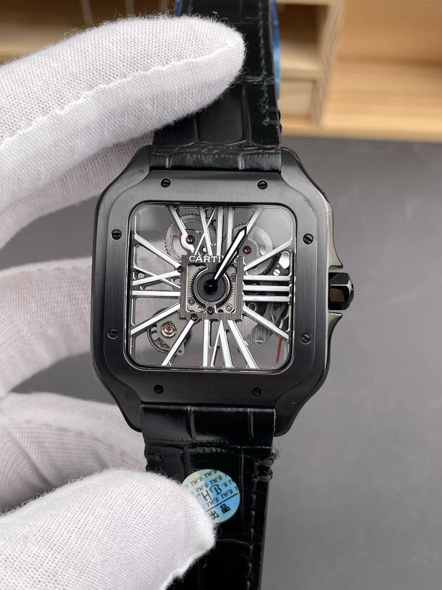 Cartier Santos Steel Black Dial 39.8mm — photographed off the sweep