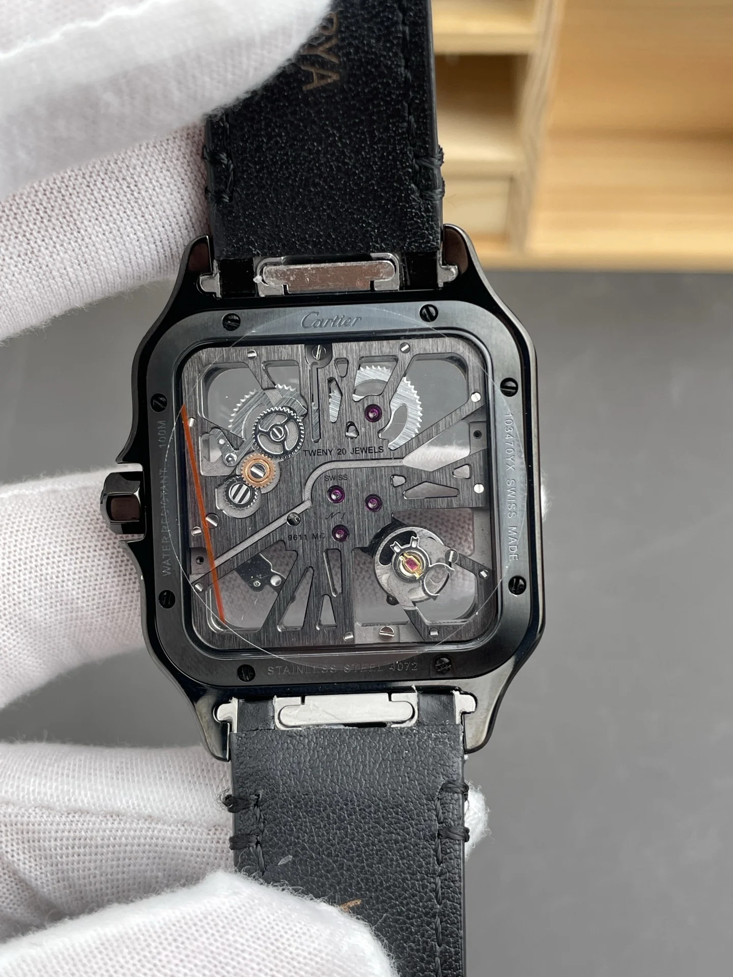 Cartier Santos Steel Black Dial 39.8mm — photographed off the sweep