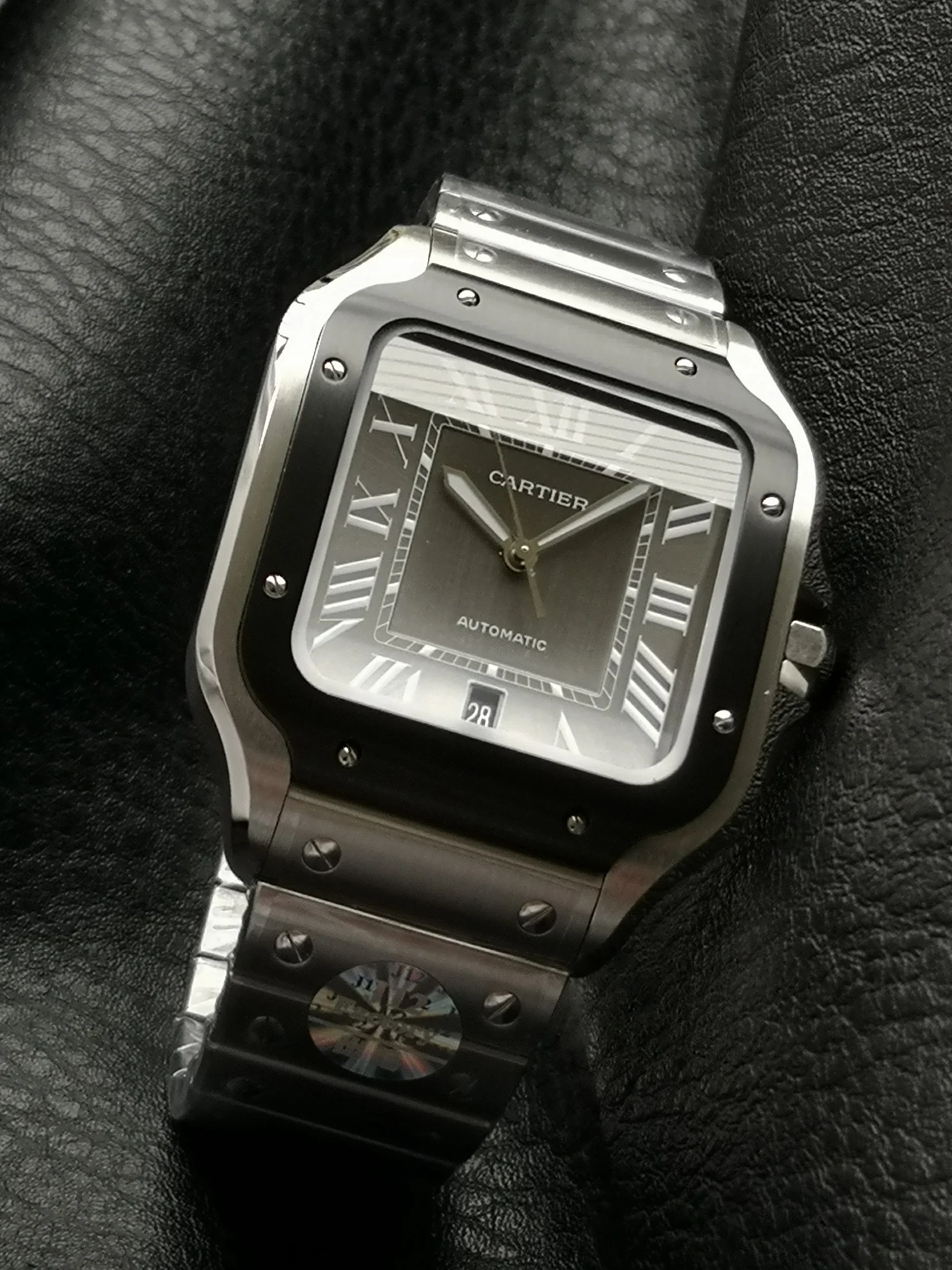 Cartier Santos Steel Black Dial WSSA0037 39.8mm — photographed off the sweep