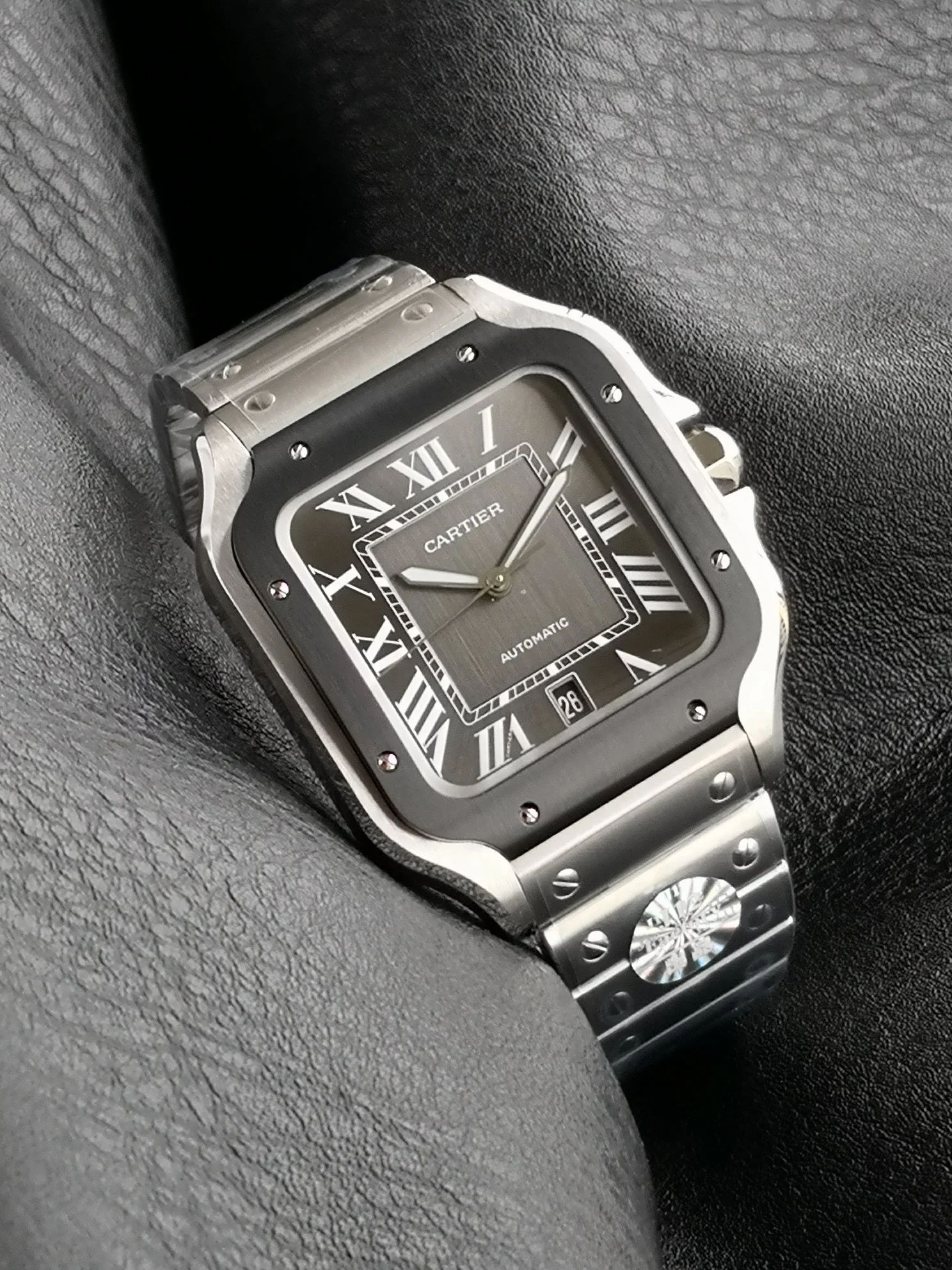 Cartier Santos Steel Black Dial WSSA0037 39.8mm — photographed off the sweep