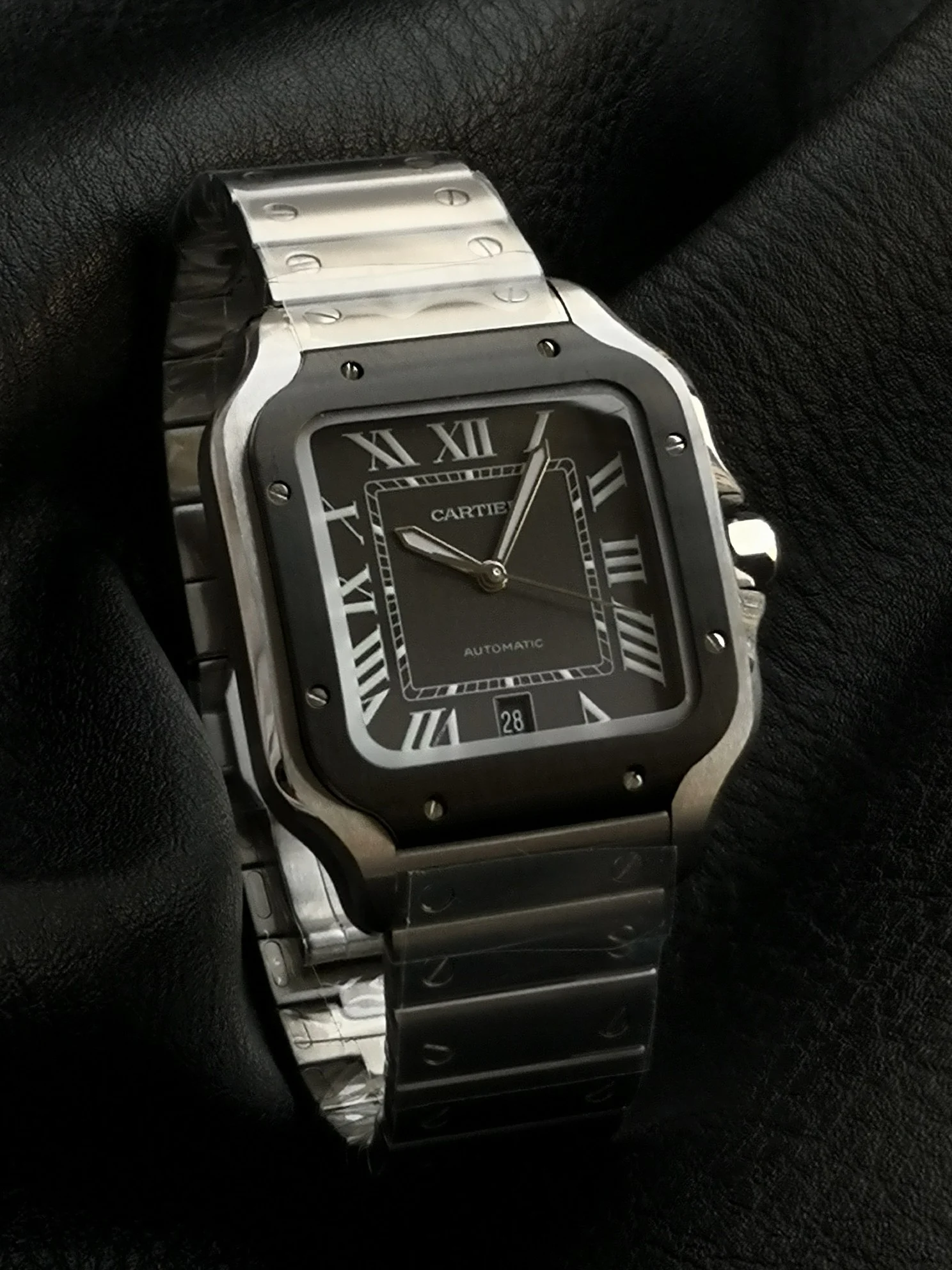 Cartier Santos Steel Black Dial WSSA0037 39.8mm — photographed off the sweep