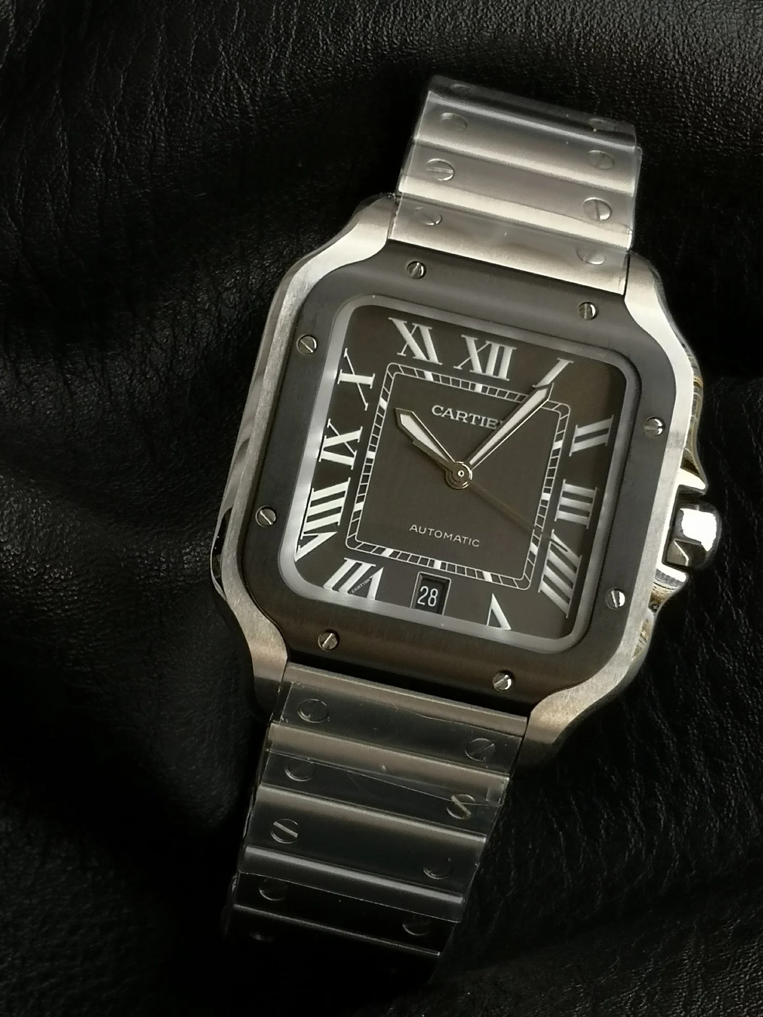 Cartier Santos Steel Black Dial WSSA0037 39.8mm — photographed off the sweep