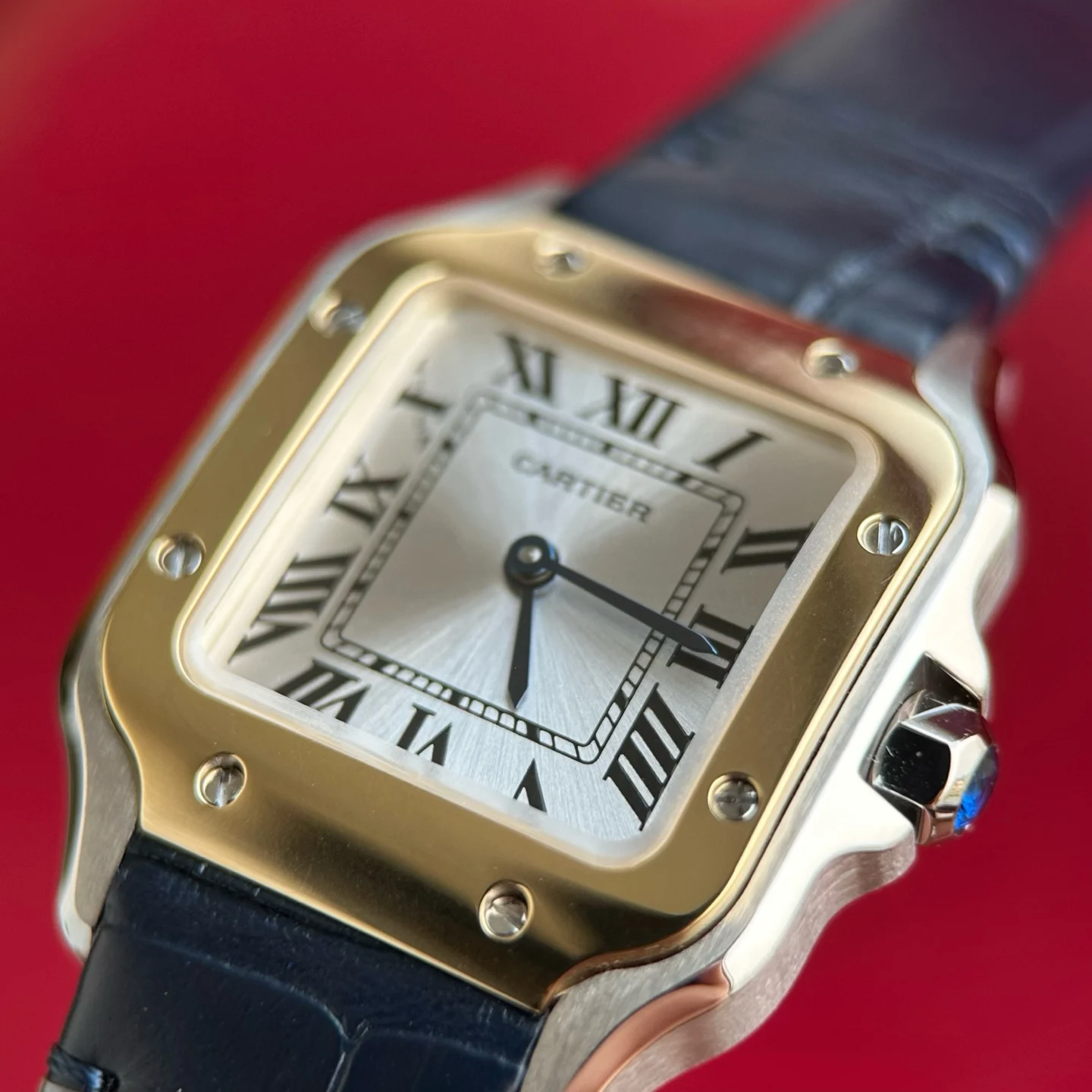 Cartier Santos Steel Silver Dial WSSA0082 27mm — photographed off the sweep