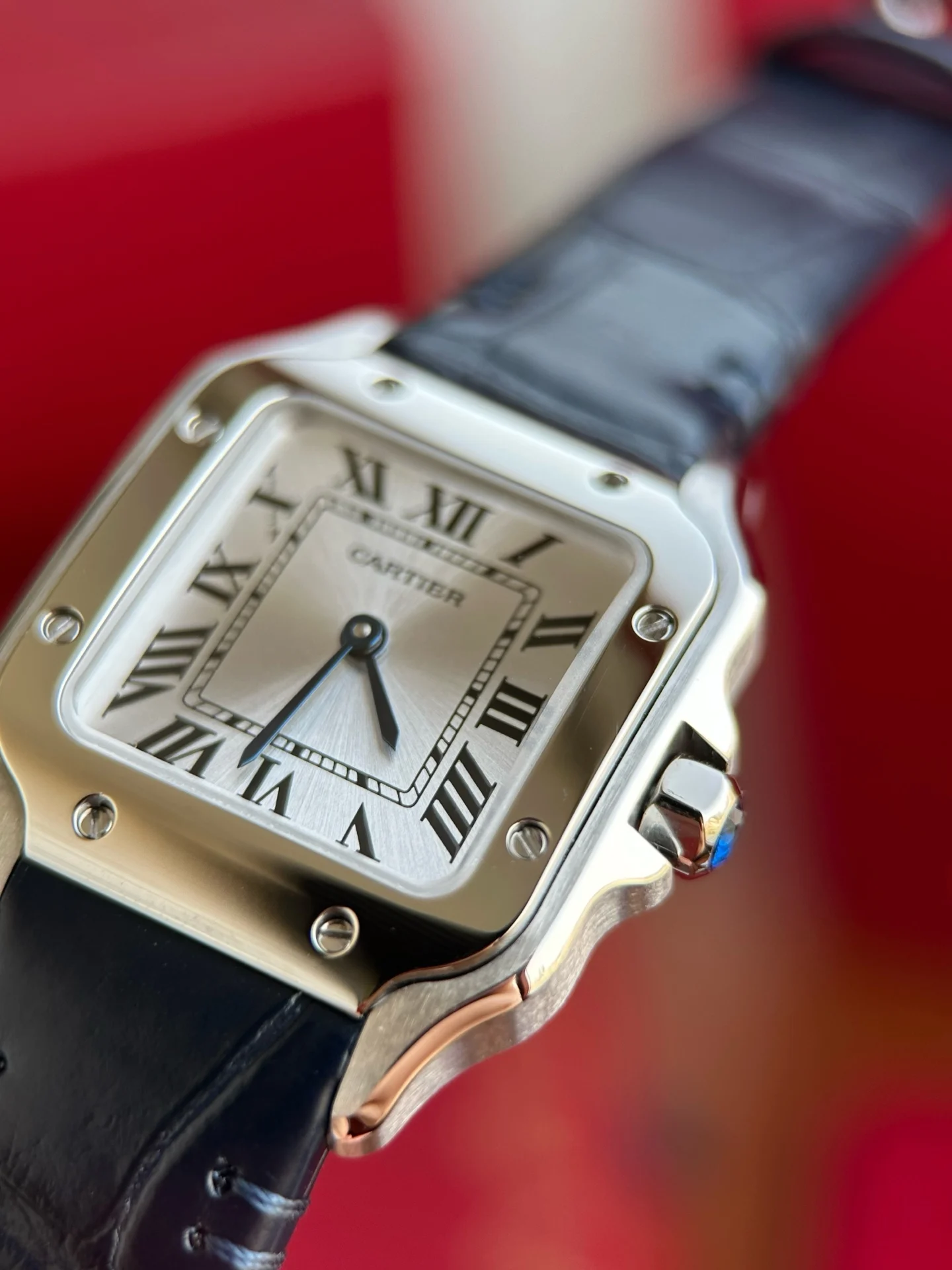 Cartier Santos Steel Silver Dial WSSA0082 27mm — photographed off the sweep