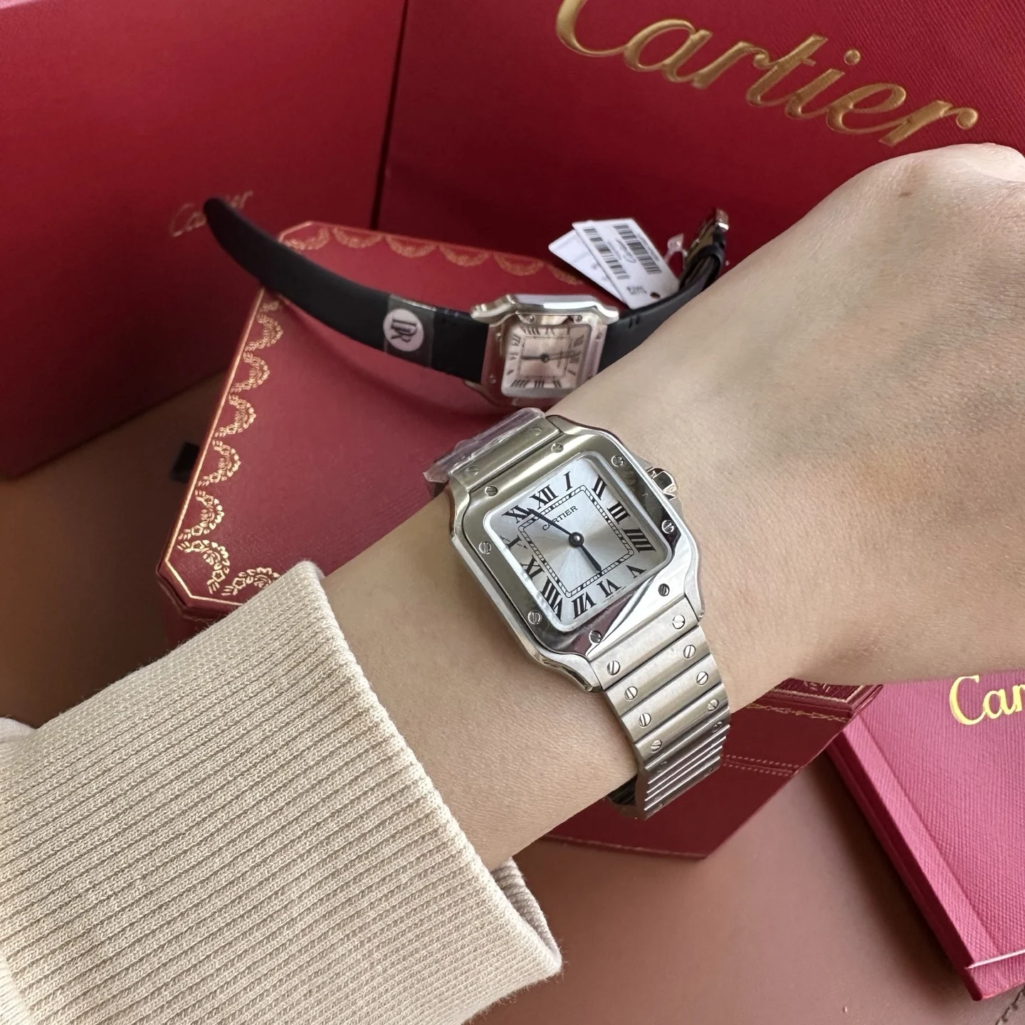 Cartier Santos Steel Silver Dial WSSA0082 27mm — photographed off the sweep
