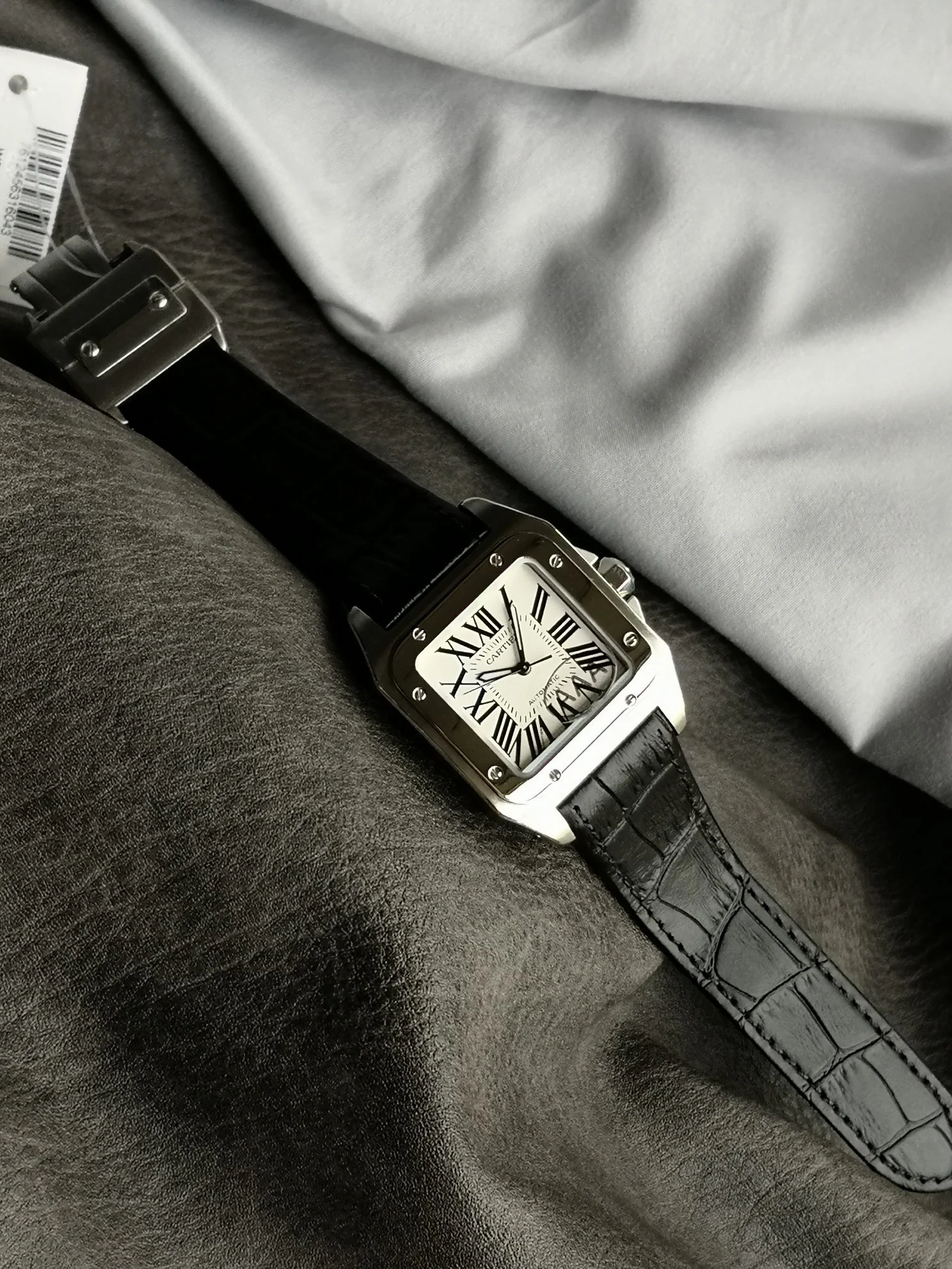 Cartier Santos Steel White Dial — photographed off the sweep