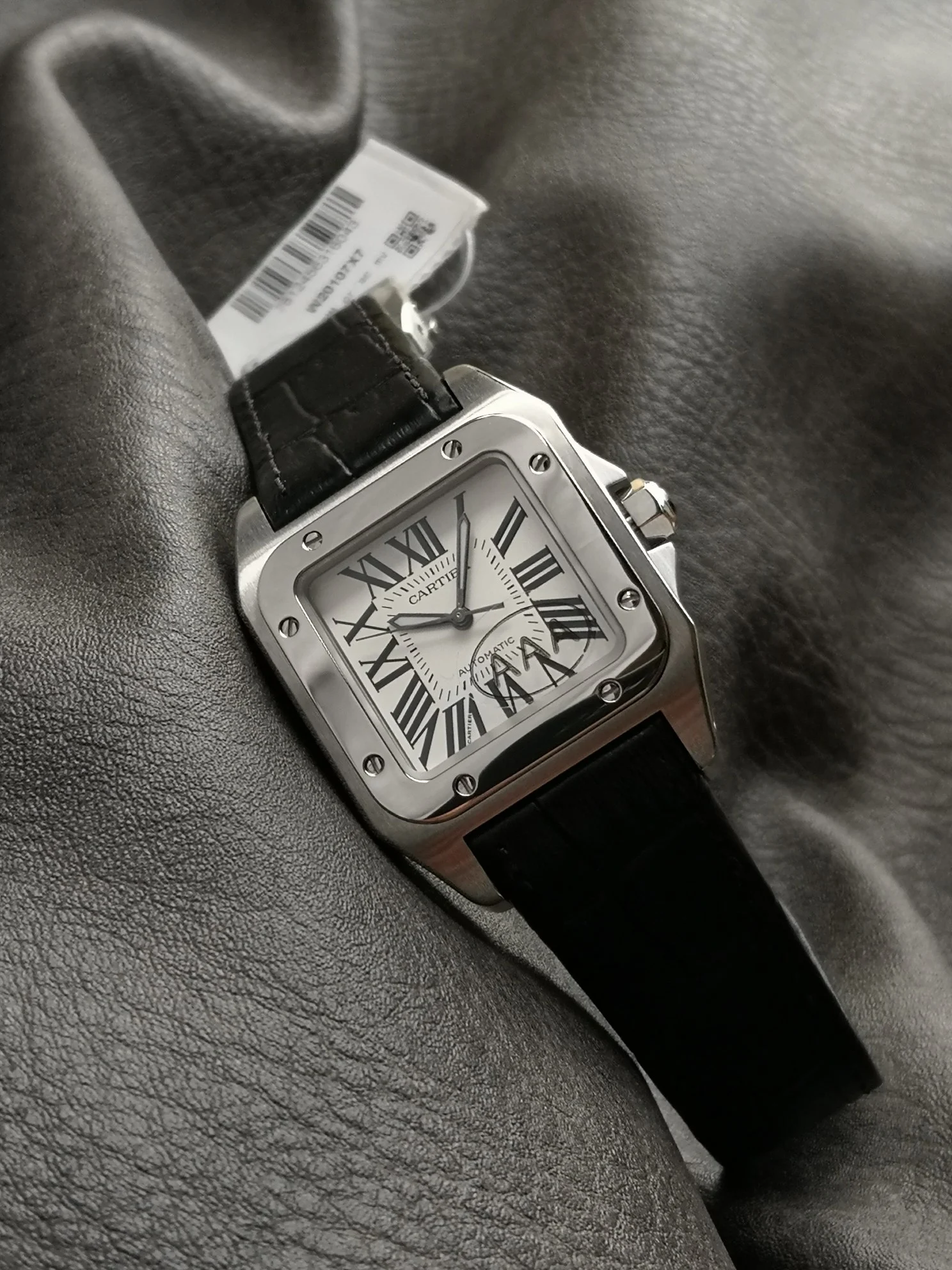 Cartier Santos Steel White Dial — photographed off the sweep