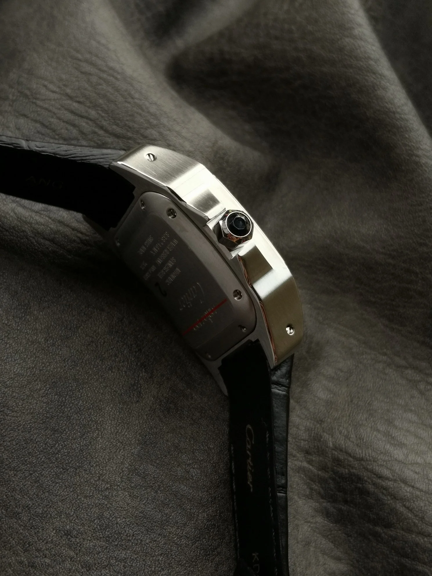 Cartier Santos Steel White Dial — photographed off the sweep