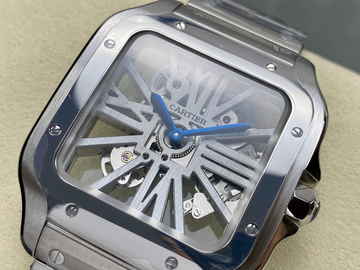 Cartier Santos Steel — photographed off the sweep