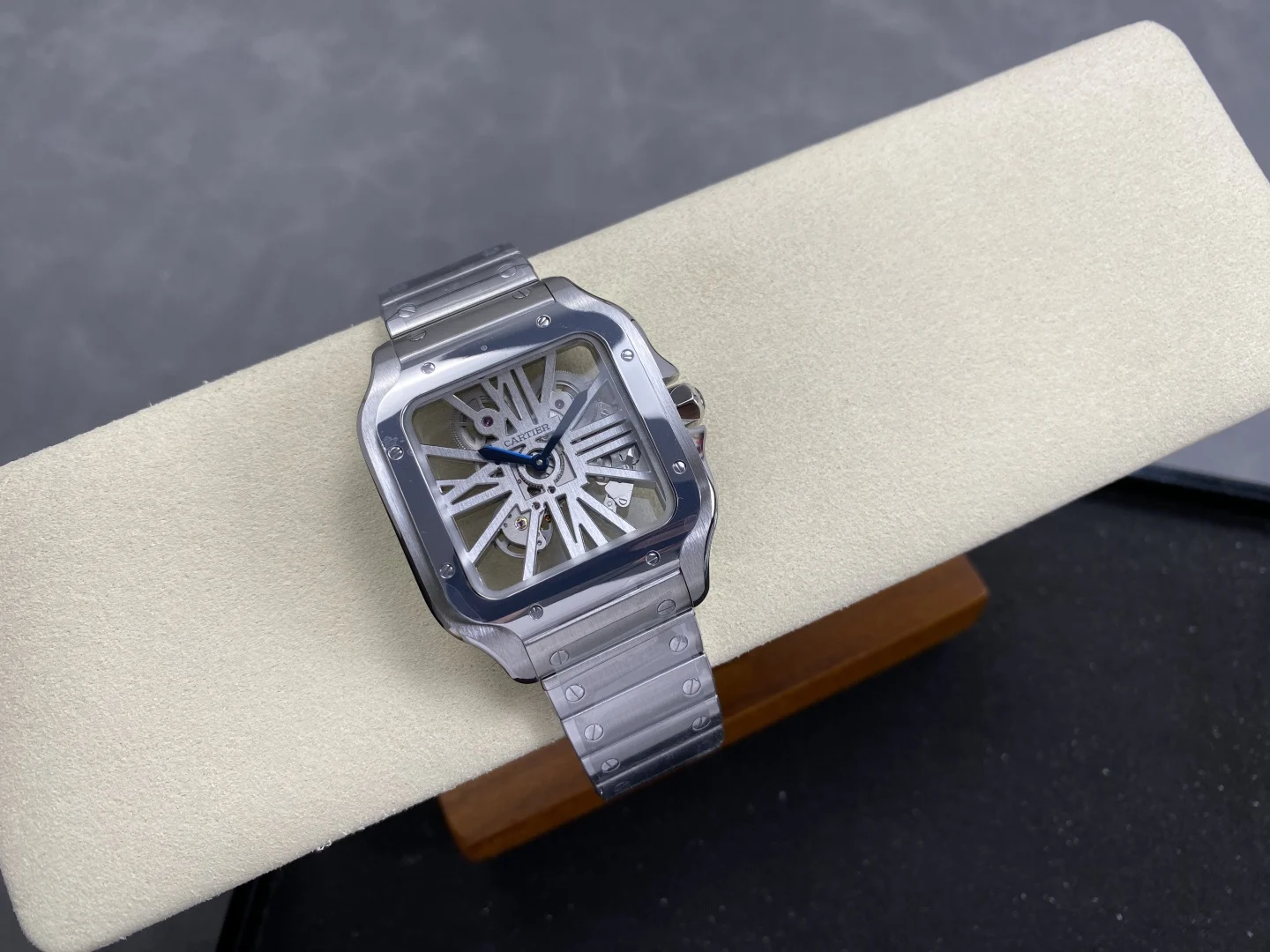 Cartier Santos Steel — photographed off the sweep