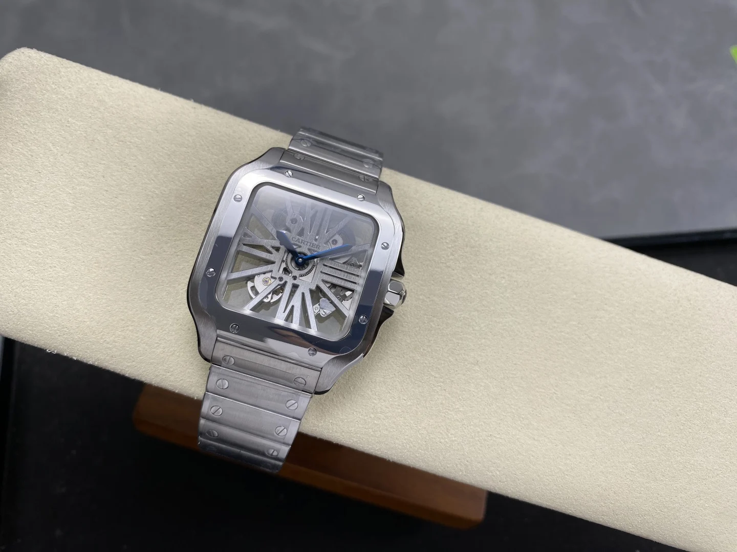 Cartier Santos Steel — photographed off the sweep