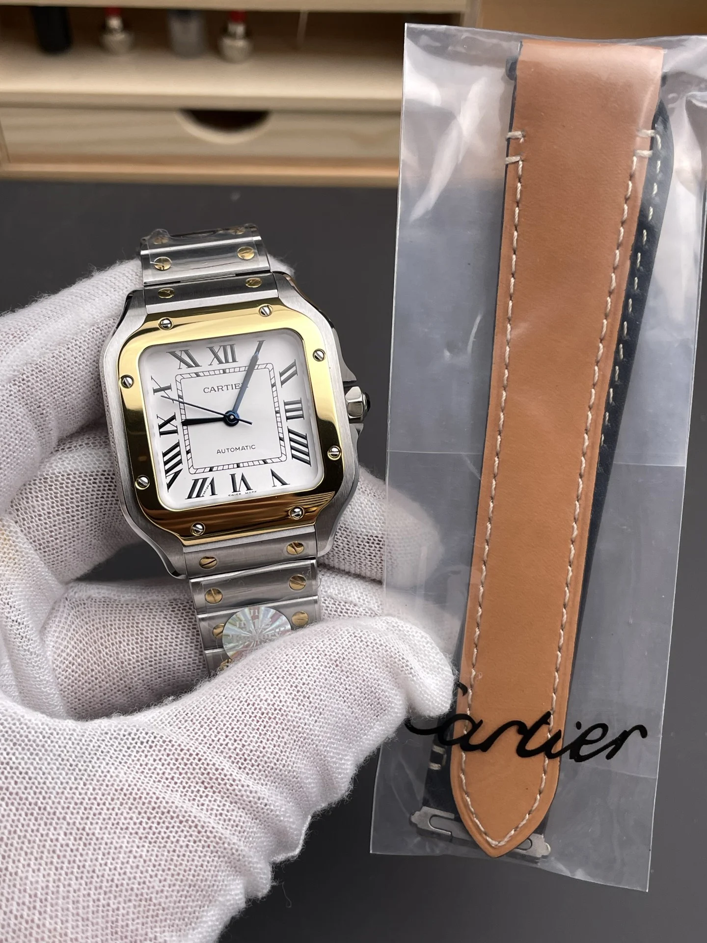 Cartier Santos Two-Tone 35.1mm — photographed off the sweep
