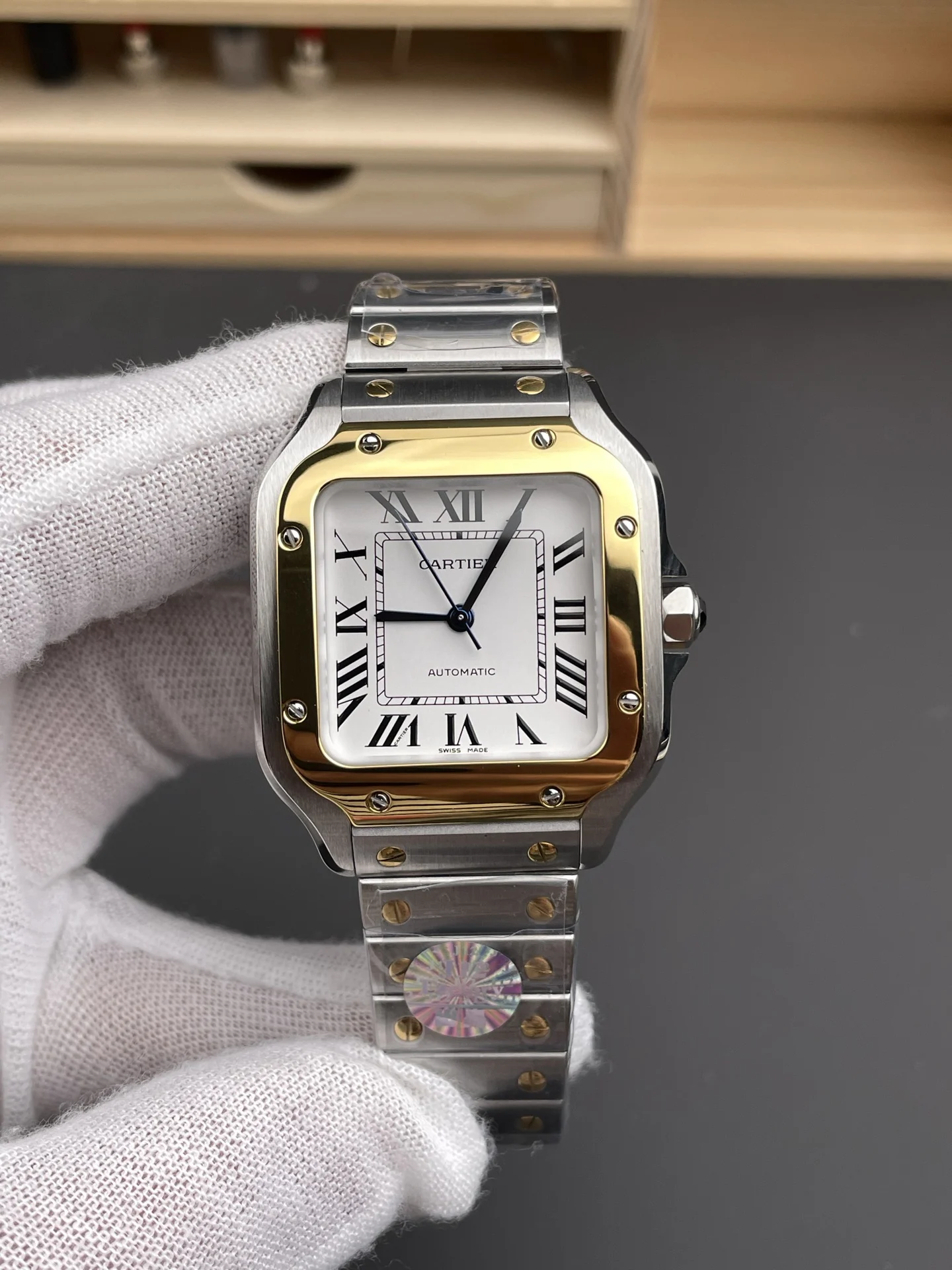 Cartier Santos Two-Tone 35.1mm — photographed off the sweep