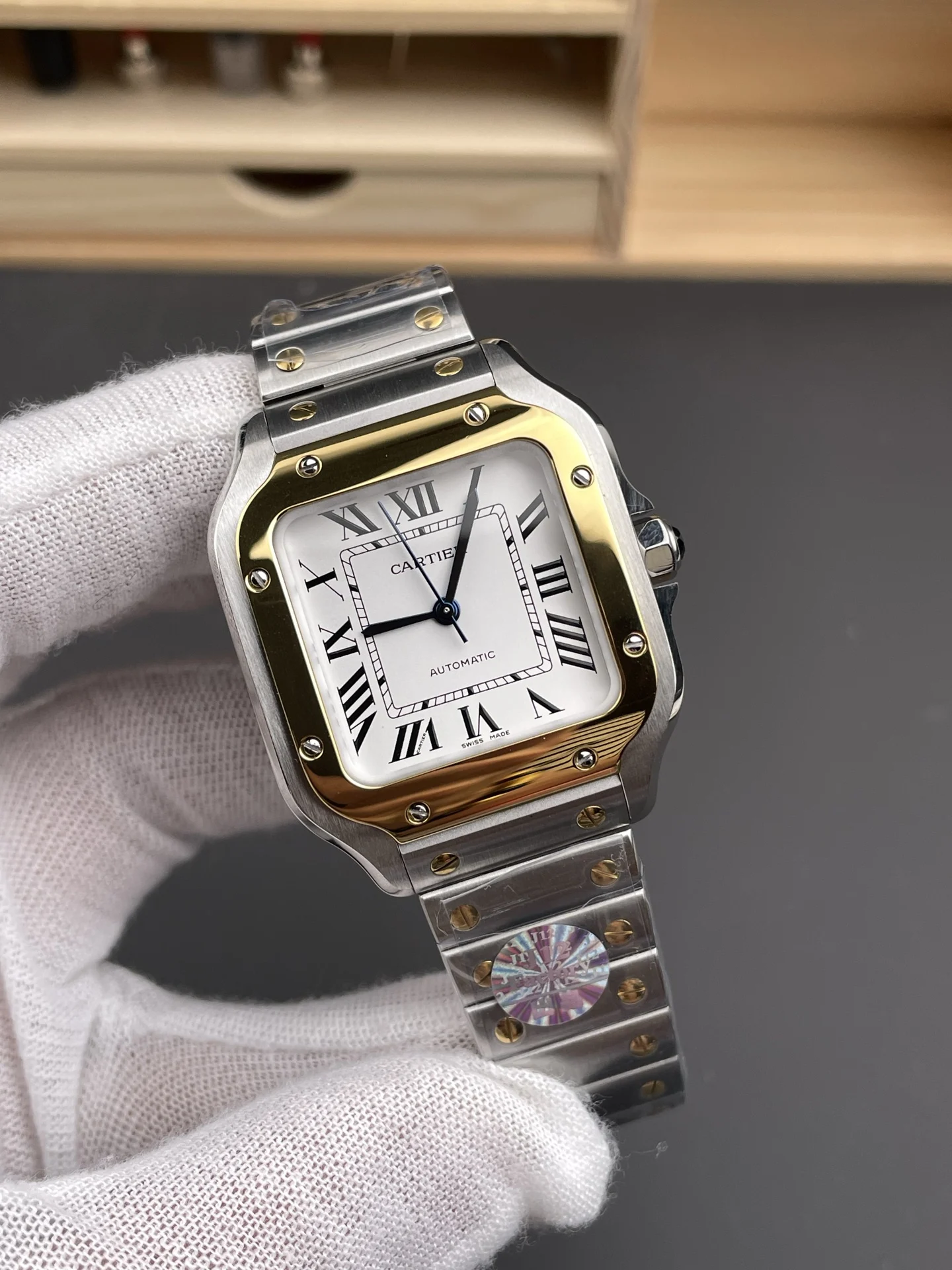 Cartier Santos Two-Tone 35.1mm — photographed off the sweep