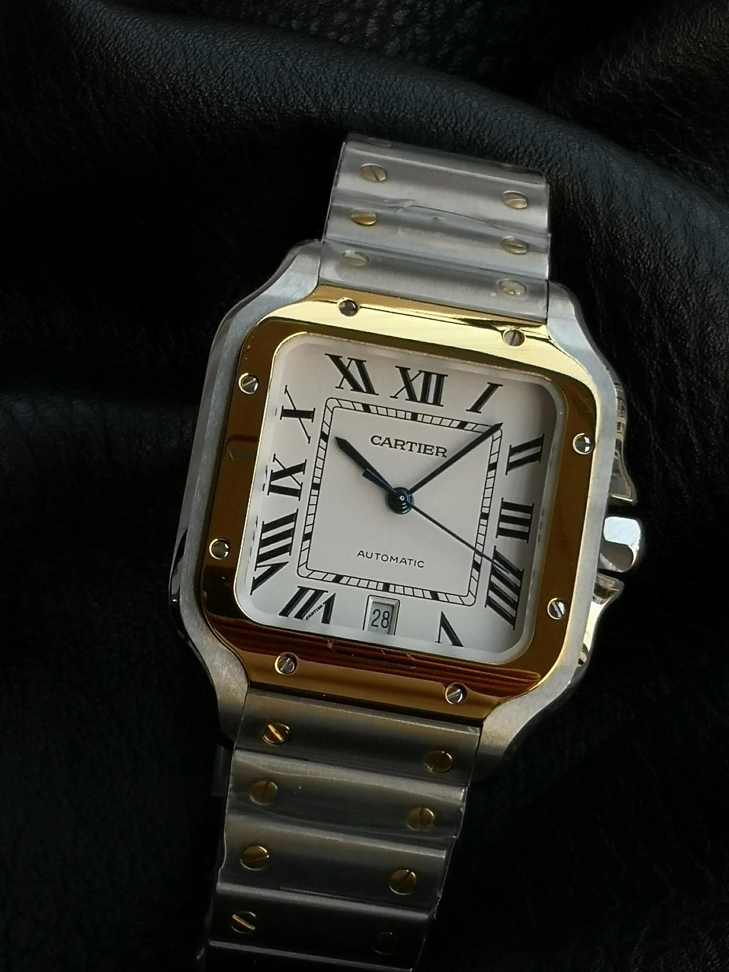 Cartier Santos Two-Tone 39.8mm — photographed off the sweep