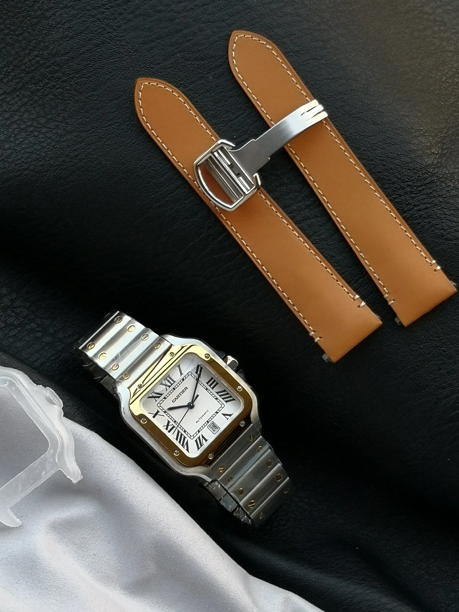 Cartier Santos Two-Tone 39.8mm — photographed off the sweep